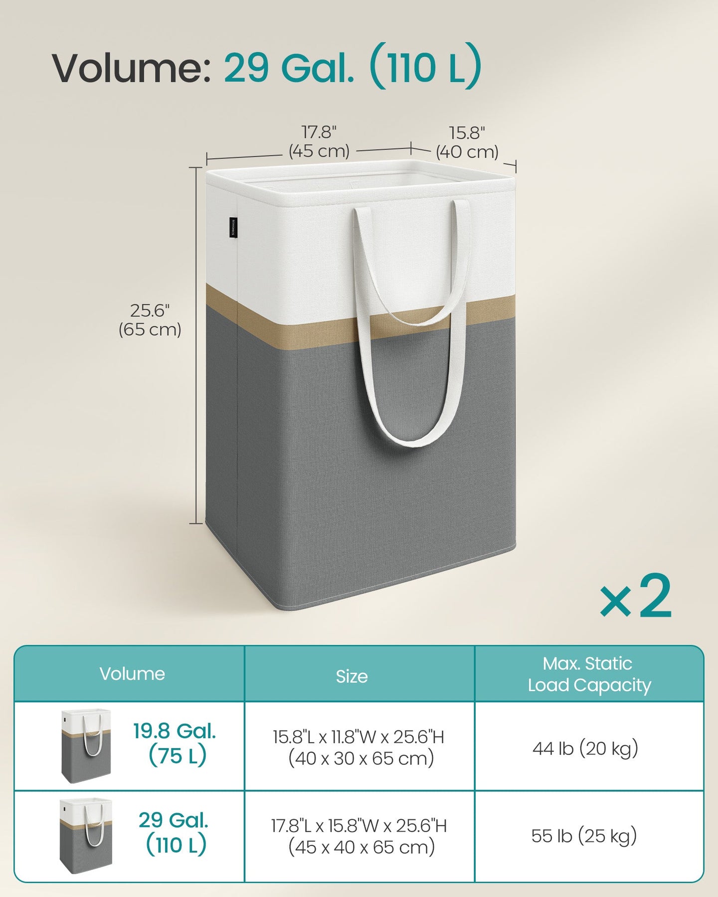 Collapsible Laundry Hampers Set of 2 - Fabric - Slate Grey - Easy to Transport and Clean