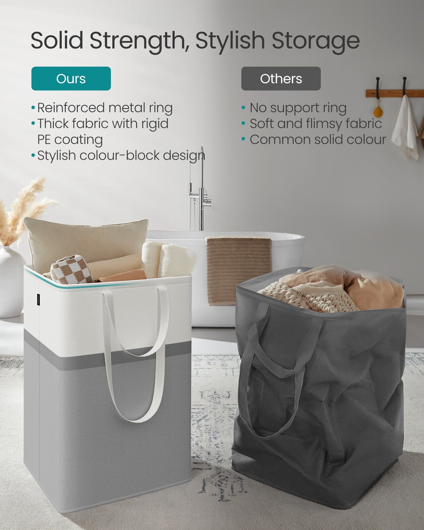 Collapsible Laundry Hampers Set of 2 - Fabric - Dove Grey - Freestanding and Portable