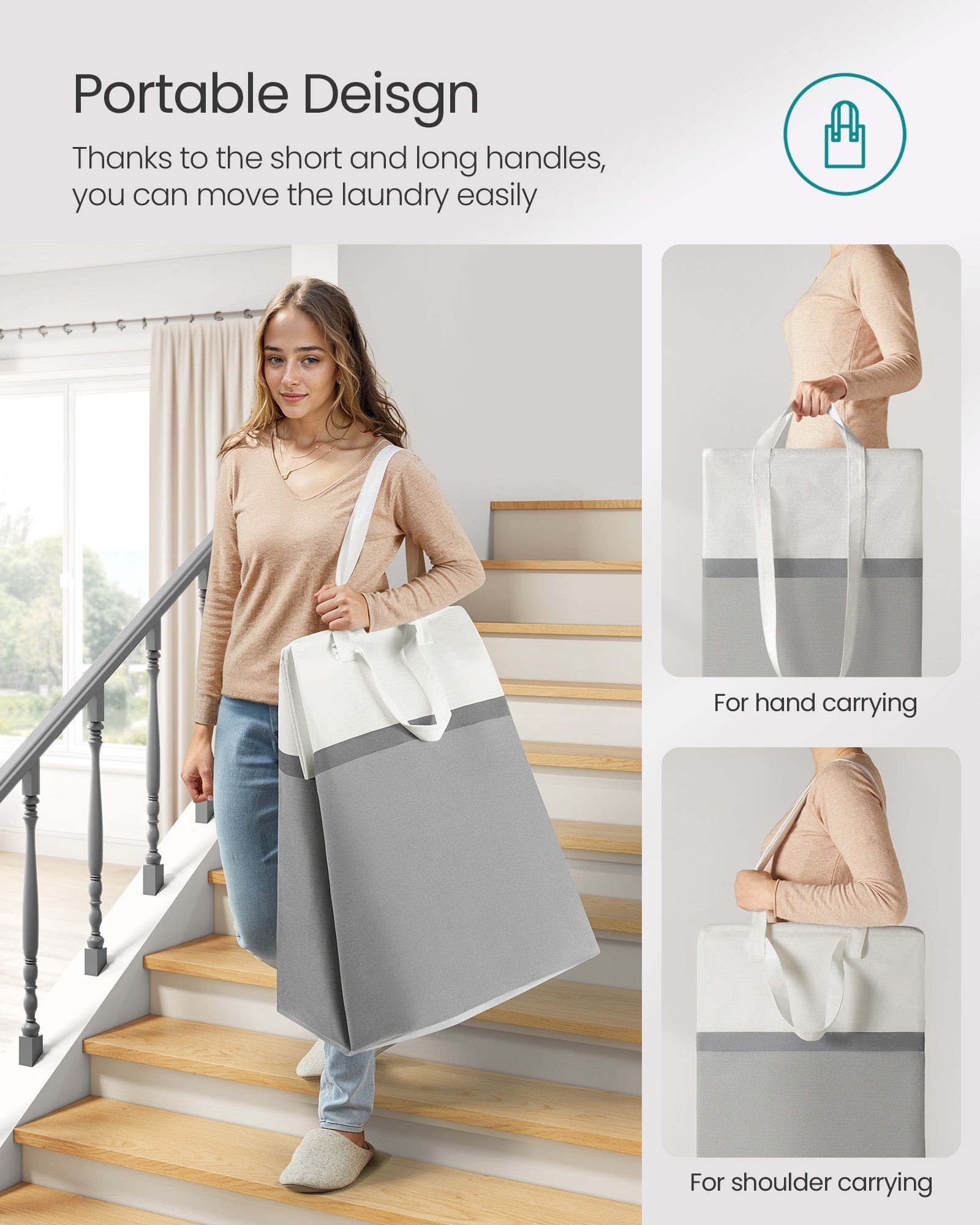 Collapsible Laundry Hampers Set of 2 - Fabric - Dove Grey - Freestanding and Portable