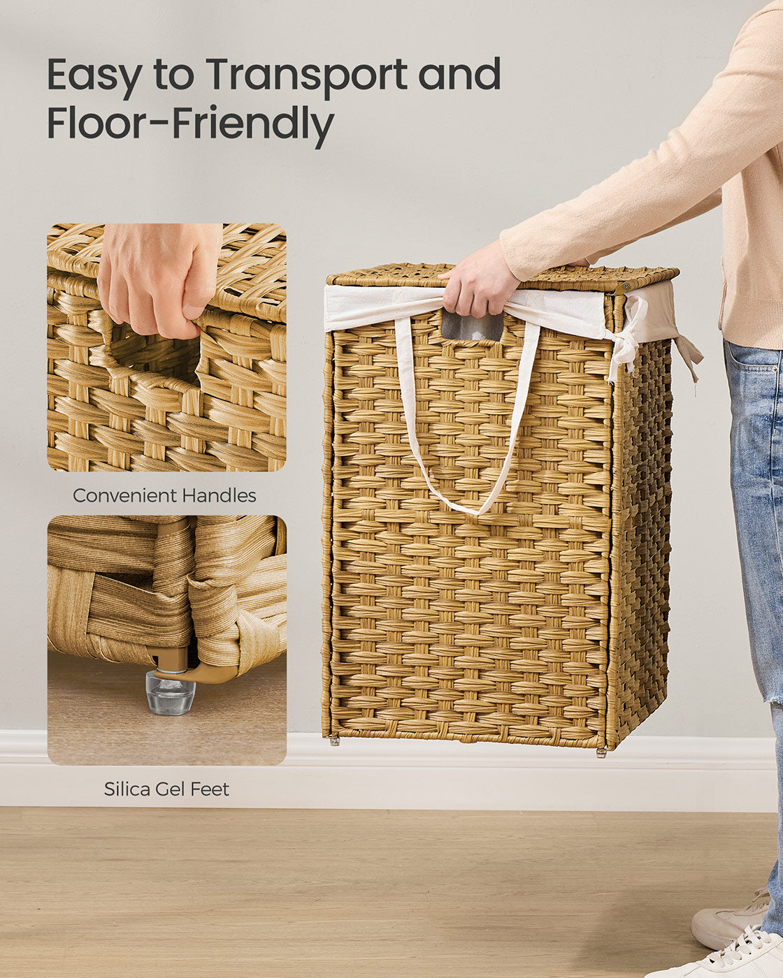 Laundry Basket - Synthetic Rattan - Natural - 160 L Capacity with Lid and Handles