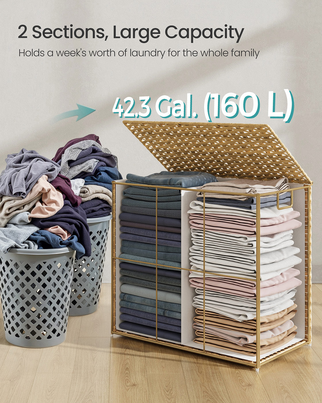 Laundry Basket - Synthetic Rattan - Natural - 160 L Capacity with Lid and Handles