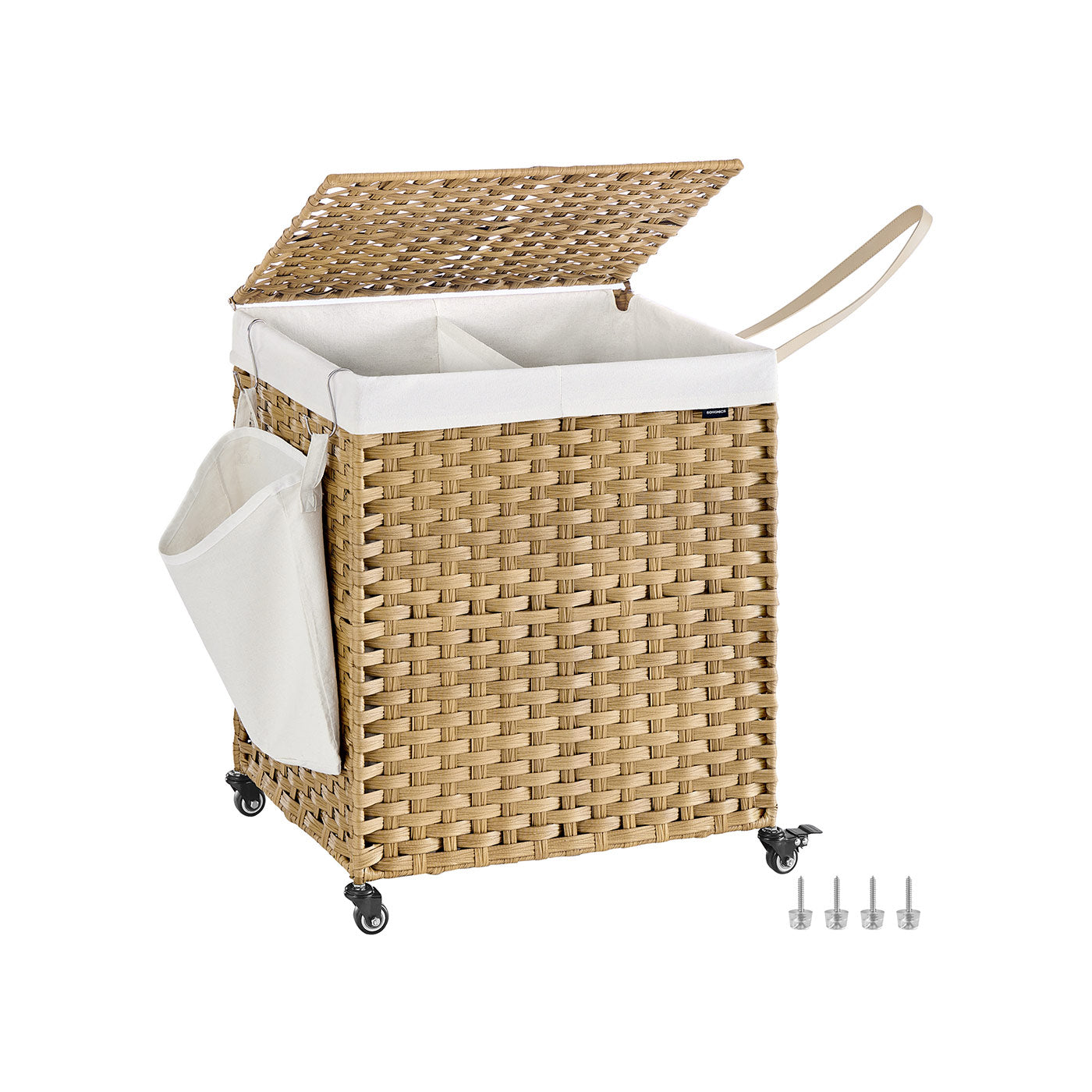 Laundry Basket - Rattan-Style - Natural - 3 Compartments with Lid and Removable Liner