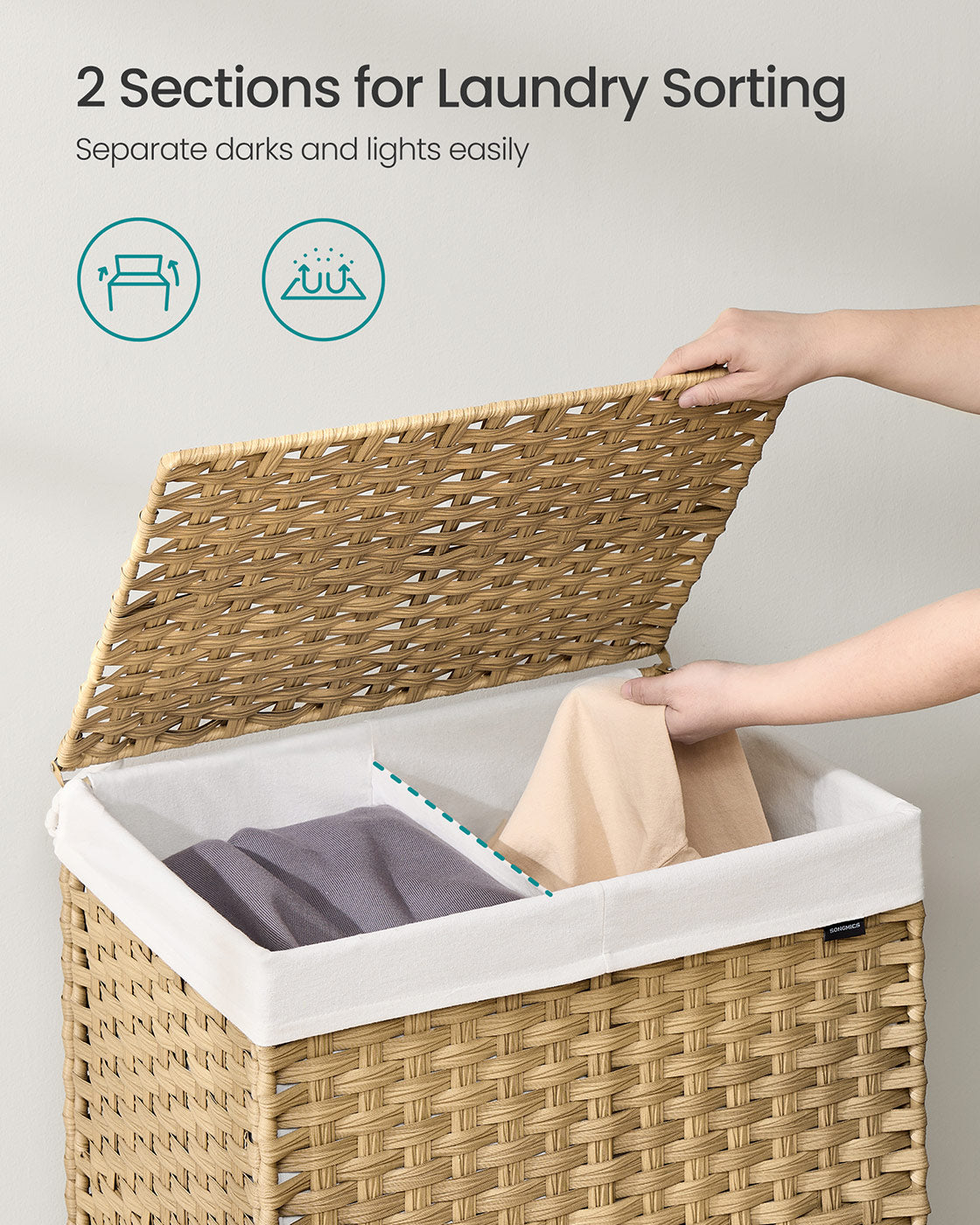 Laundry Basket - Rattan-Style - Natural - 3 Compartments with Lid and Removable Liner