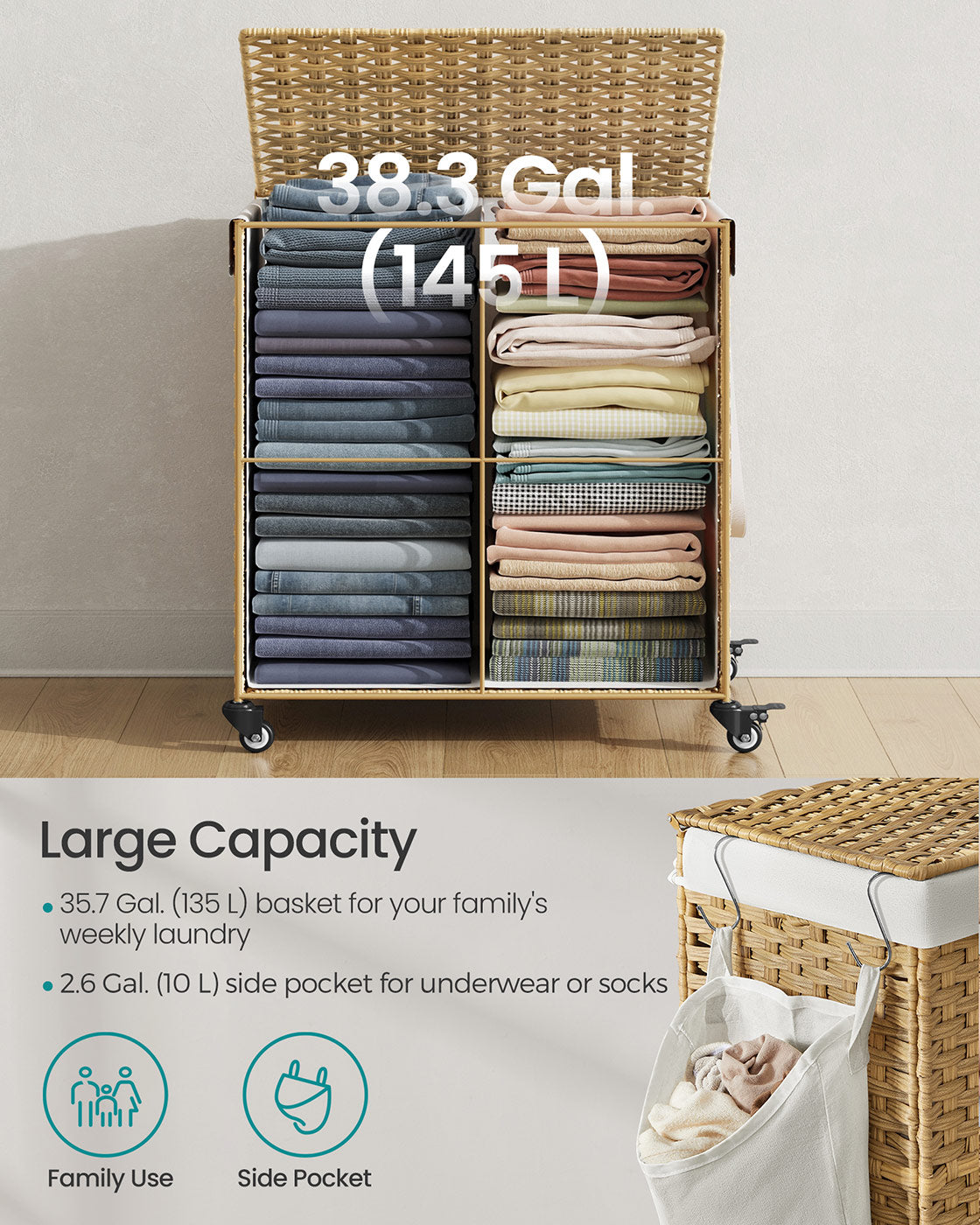 Laundry Basket - Rattan-Style - Natural - 3 Compartments with Lid and Removable Liner