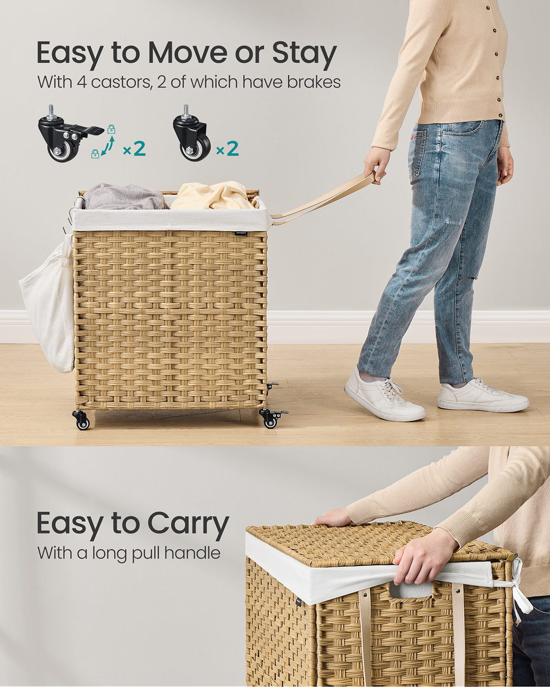 Laundry Basket - Rattan-Style - Natural - 3 Compartments with Lid and Removable Liner