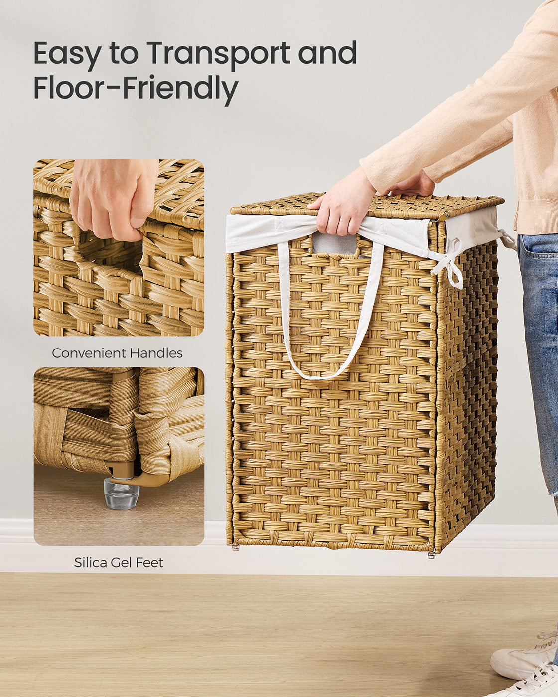 Laundry Hamper - Synthetic Rattan - Natural - Foldable with Lid and Handles