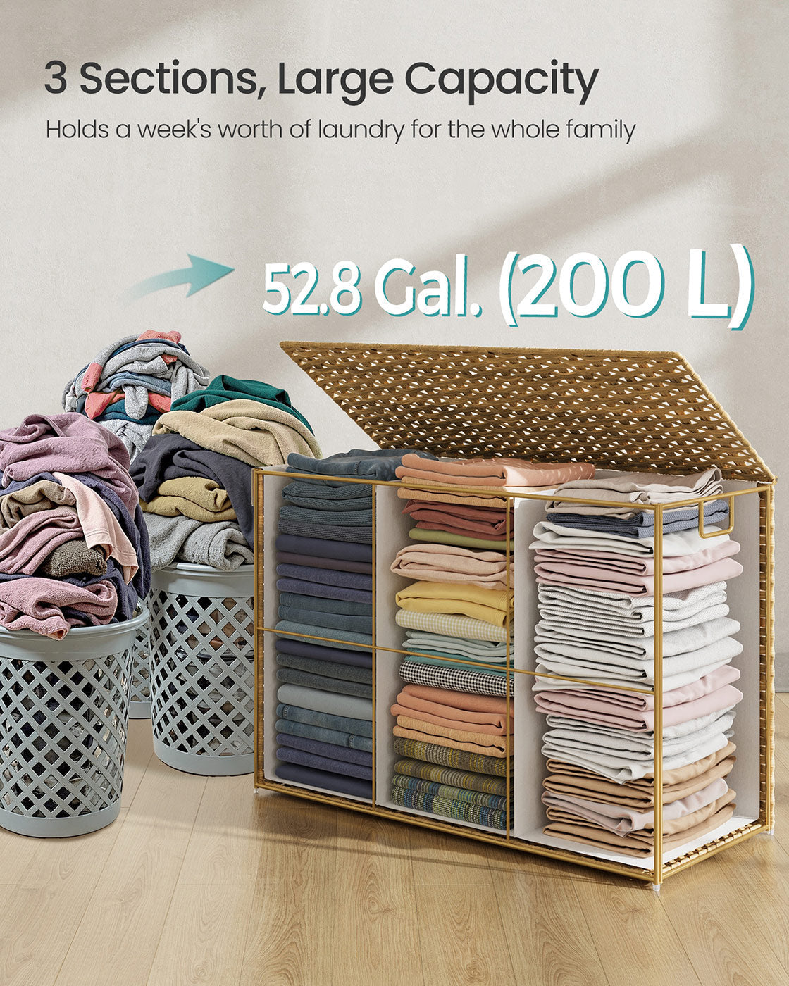 Laundry Hamper - Synthetic Rattan - Natural - Foldable with Lid and Handles