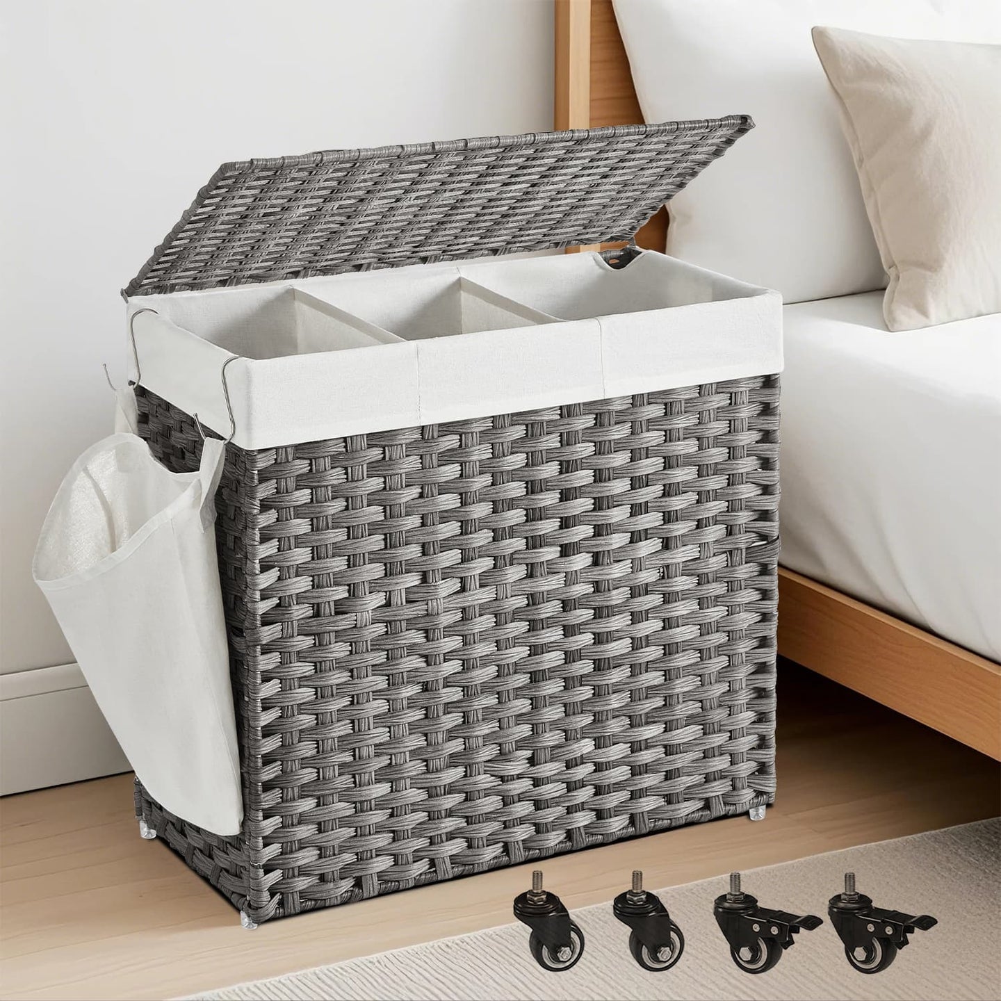 Rolling Laundry Hamper - Rattan-Style - Grey - 3-Section with Lid and Removable Liner