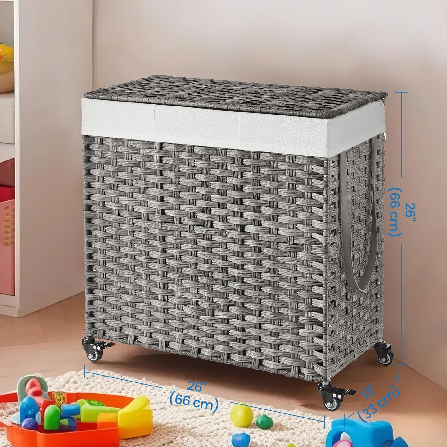 Rolling Laundry Hamper - Rattan-Style - Grey - 3-Section with Lid and Removable Liner