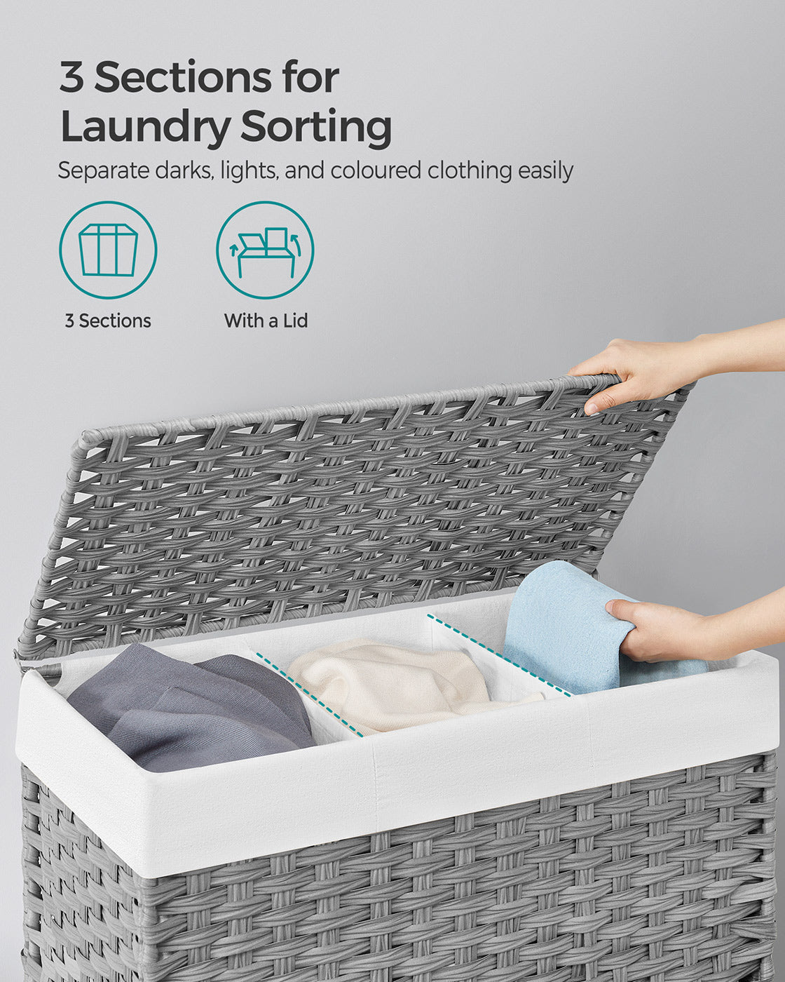 Laundry Basket - Rattan-Style - Natural - 3 Compartments with Removable Liner and Lid