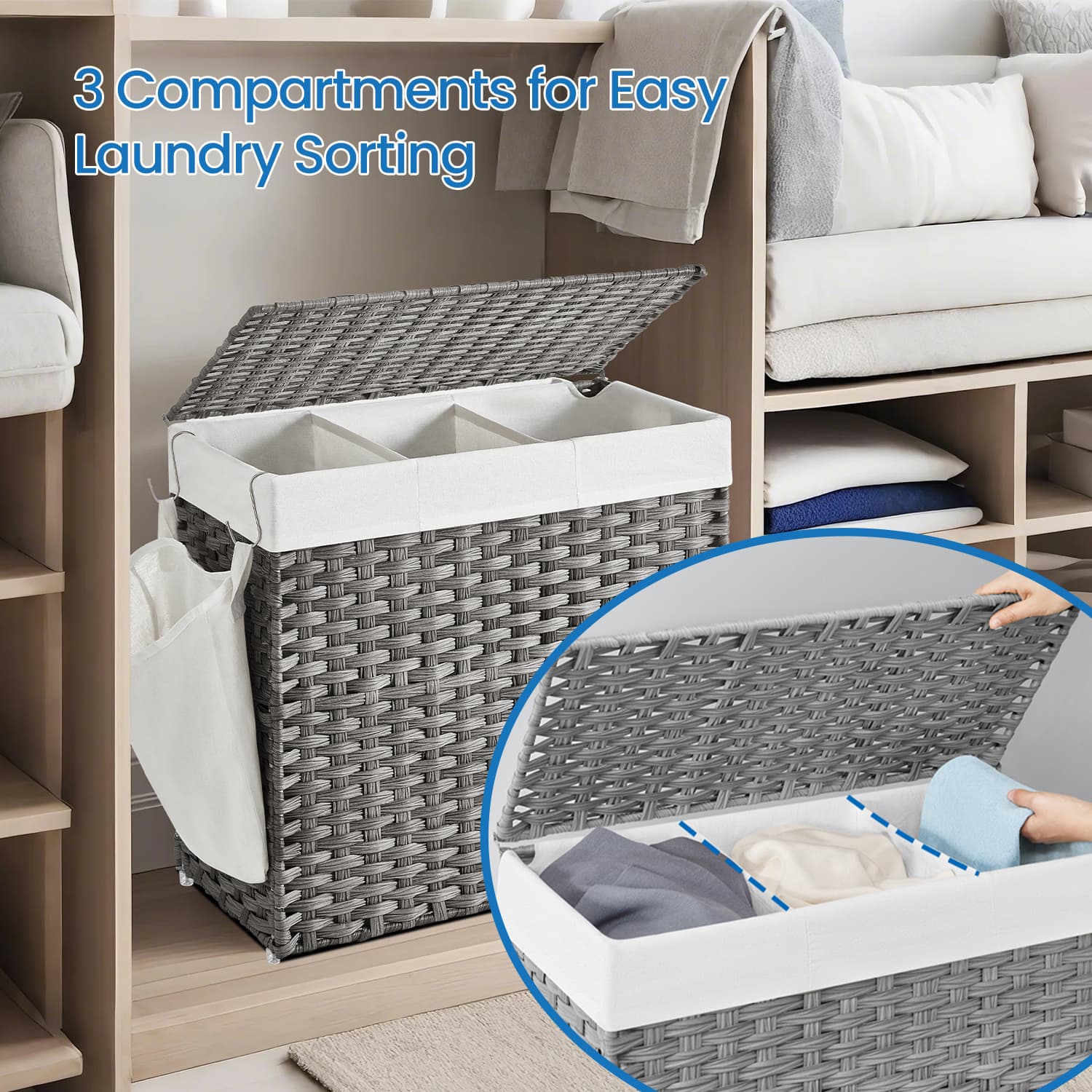Rolling Laundry Hamper - Rattan-Style - Grey - 3-Section with Lid and Removable Liner