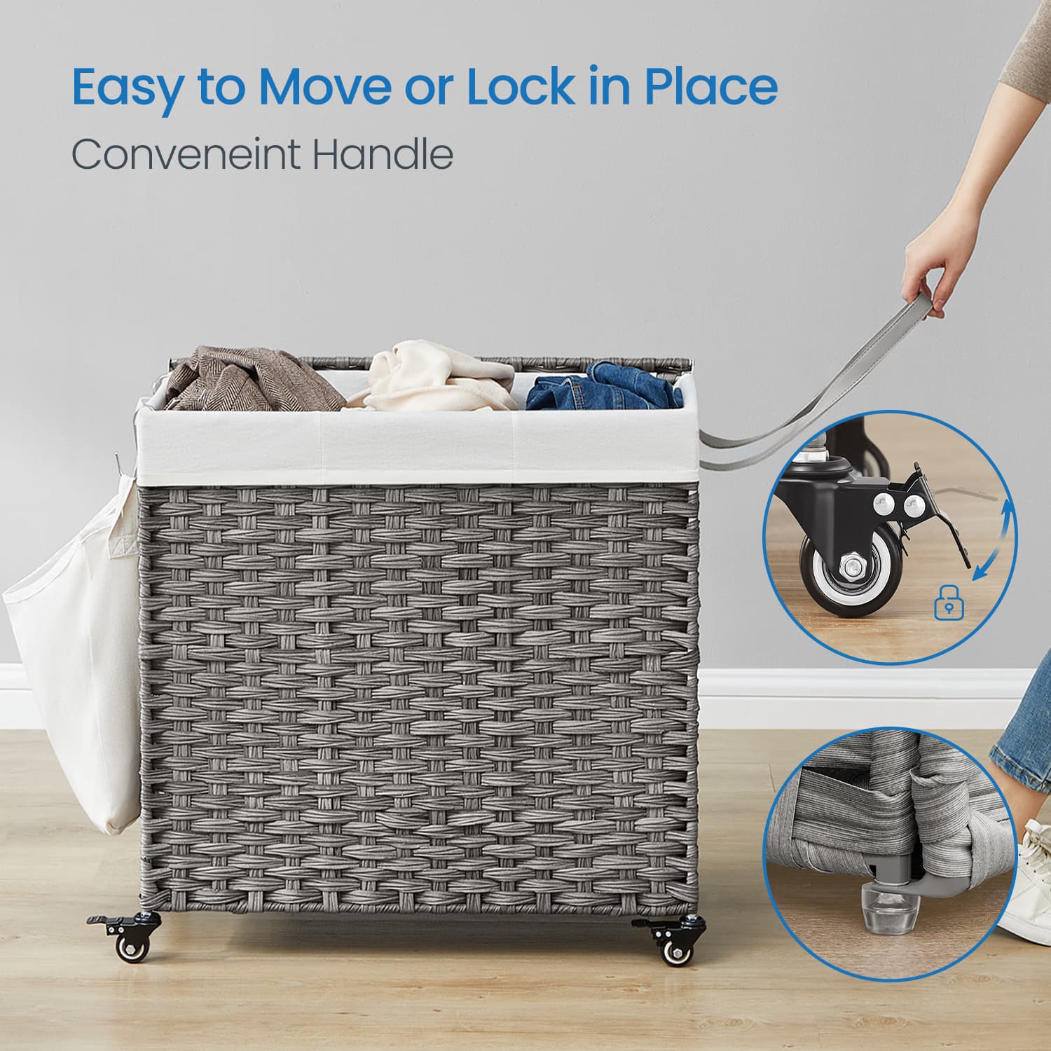 Rolling Laundry Hamper - Rattan-Style - Grey - 3-Section with Lid and Removable Liner