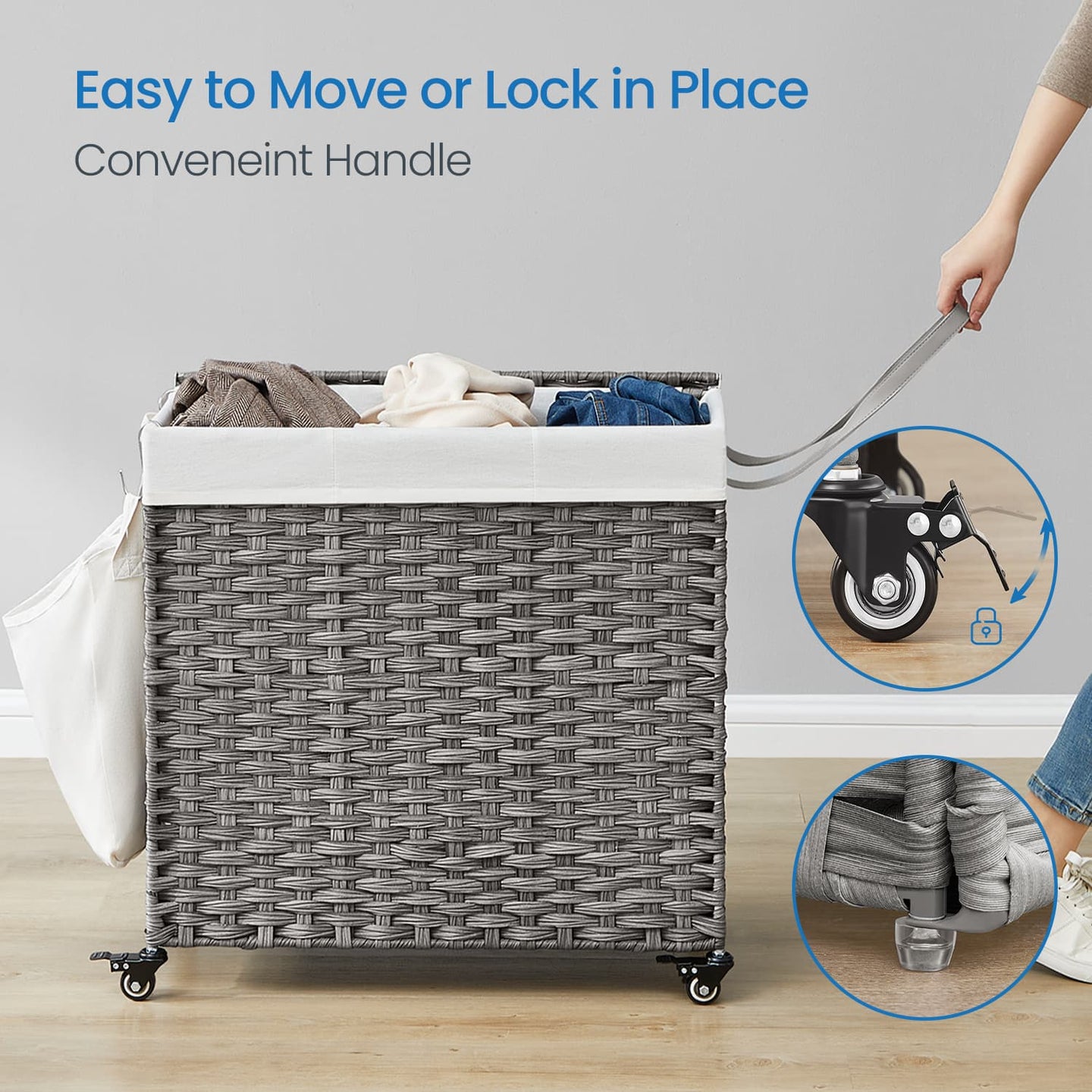 Rolling Laundry Hamper - Rattan-Style - Grey - 3-Section with Lid and Removable Liner