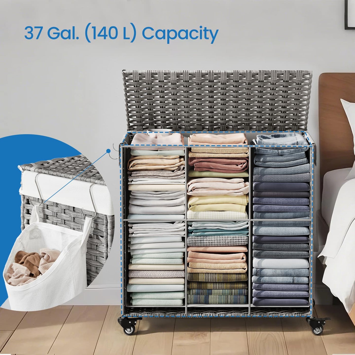 Rolling Laundry Hamper - Rattan-Style - Grey - 3-Section with Lid and Removable Liner