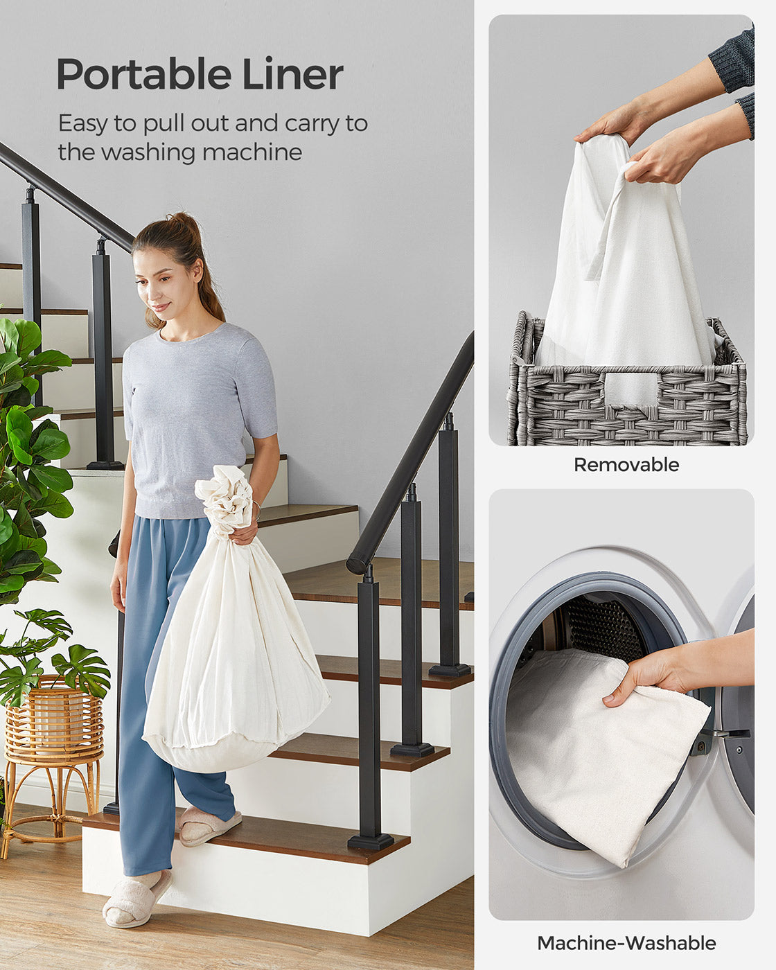 Laundry Basket - Rattan-Style - Natural - 3 Compartments with Removable Liner and Lid