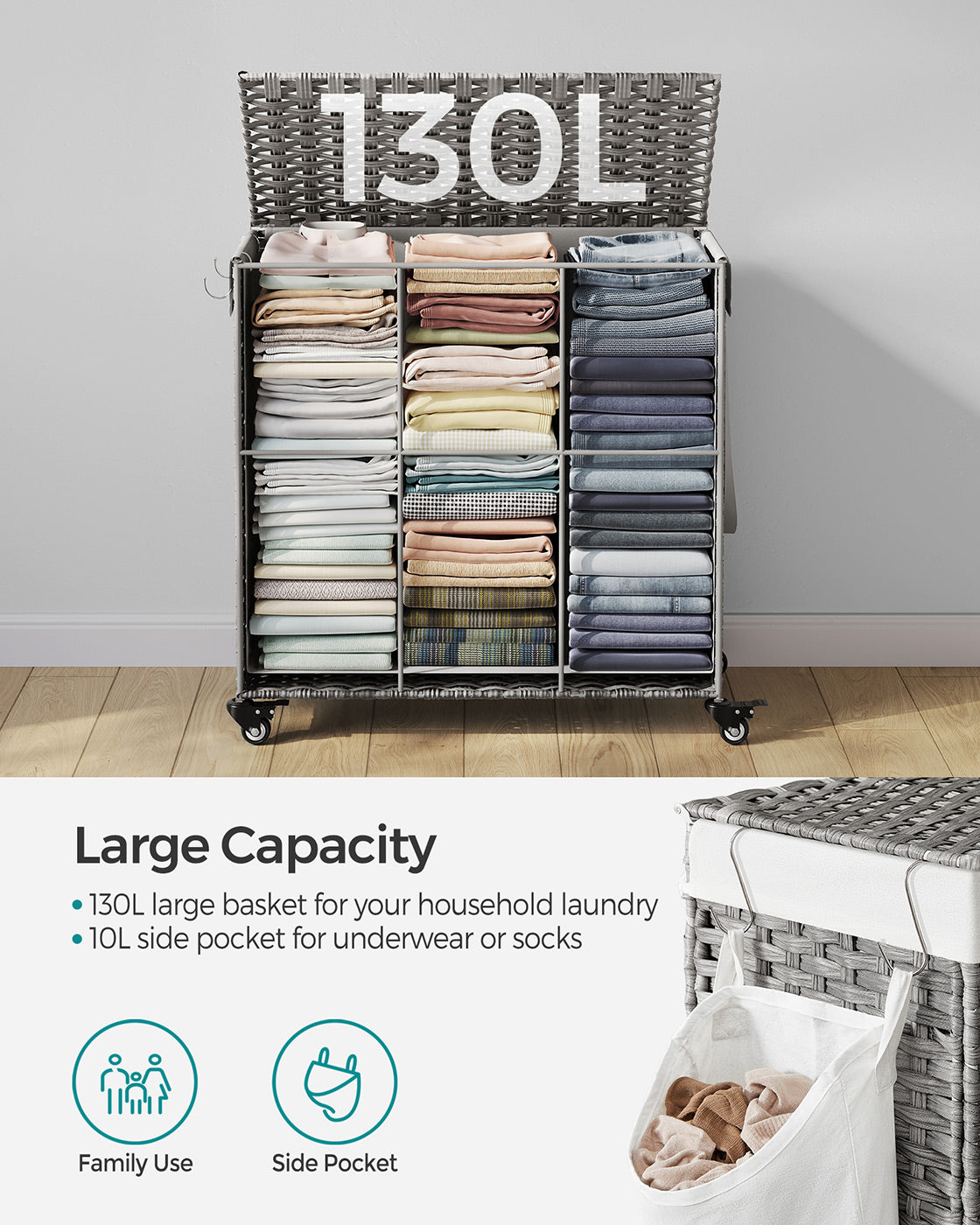 Laundry Basket - Rattan-Style - Natural - 3 Compartments with Removable Liner and Lid