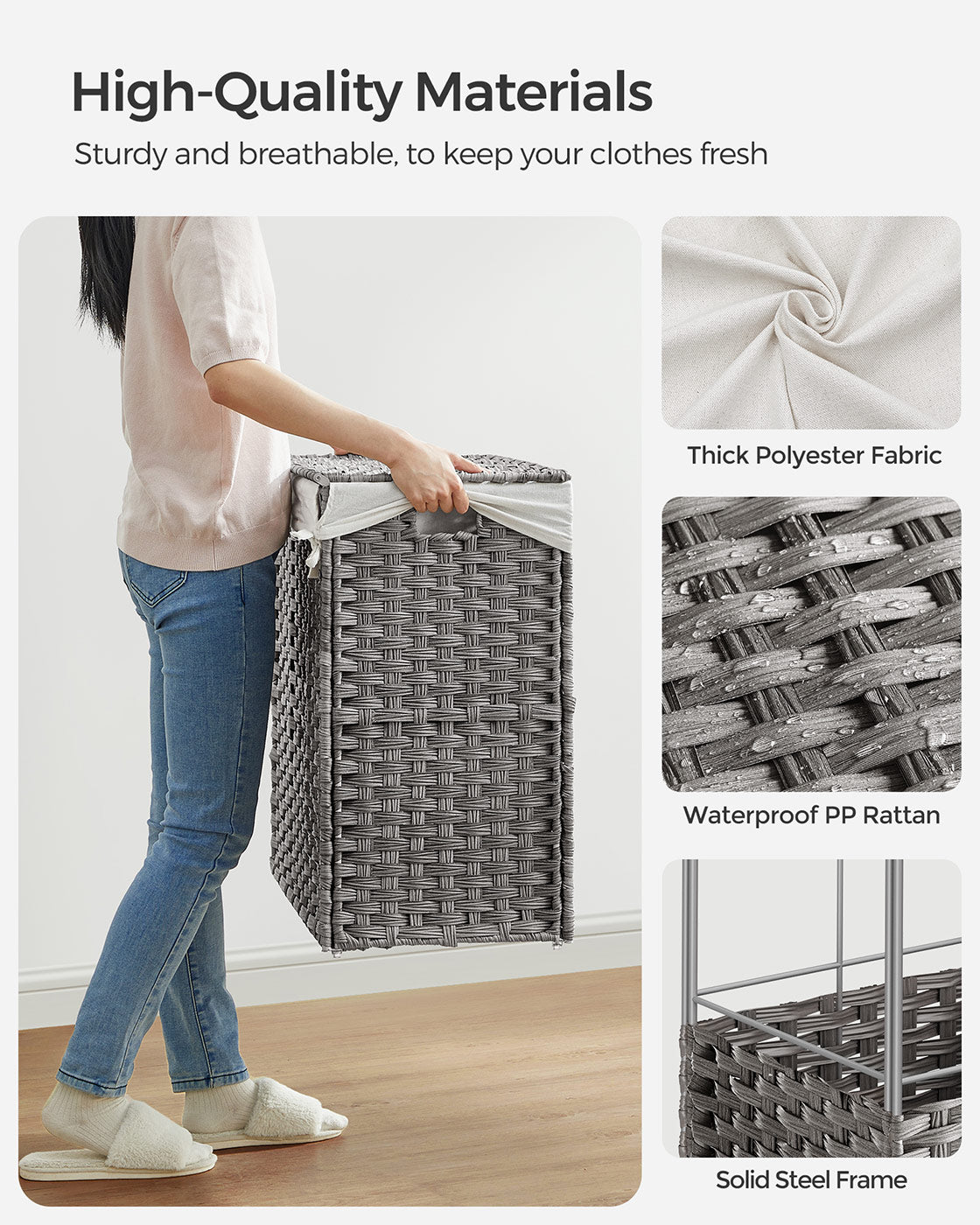 Laundry Basket - Rattan-Style - Natural - 3 Compartments with Removable Liner and Lid