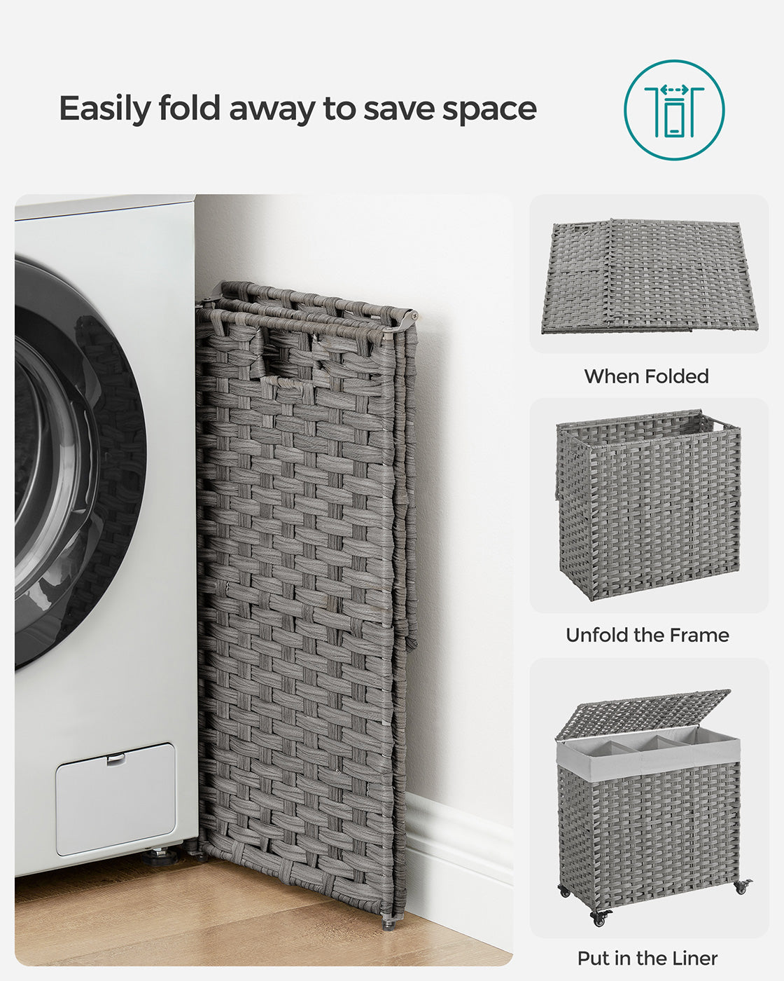 Laundry Basket - Rattan-Style - Natural - 3 Compartments with Removable Liner and Lid