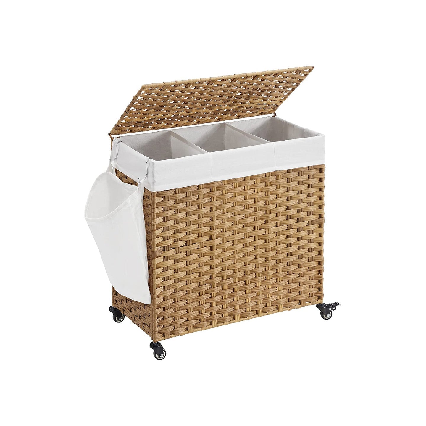 Laundry Hamper - Rattan-Style - Natural - 3 Compartments with Removable Liner