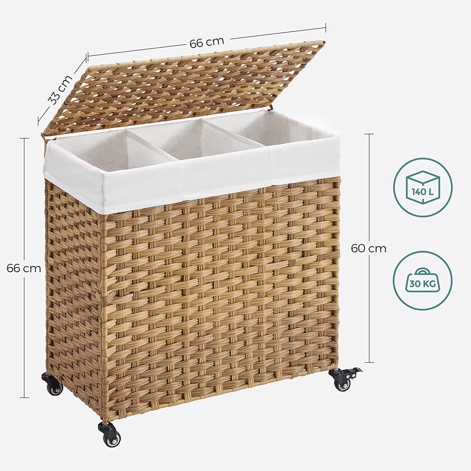 Laundry Hamper - Rattan-Style - Natural - 3 Compartments with Removable Liner