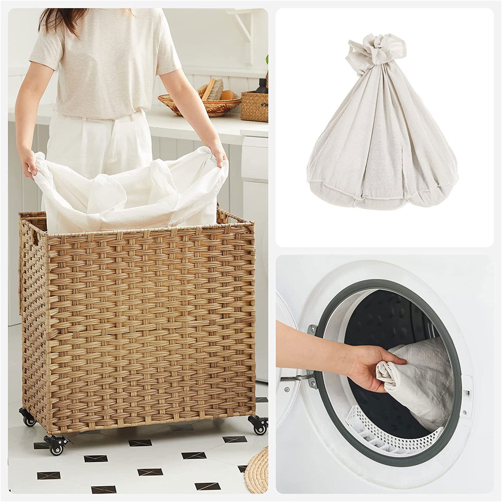 Laundry Hamper - Rattan-Style - Natural - 3 Compartments with Removable Liner
