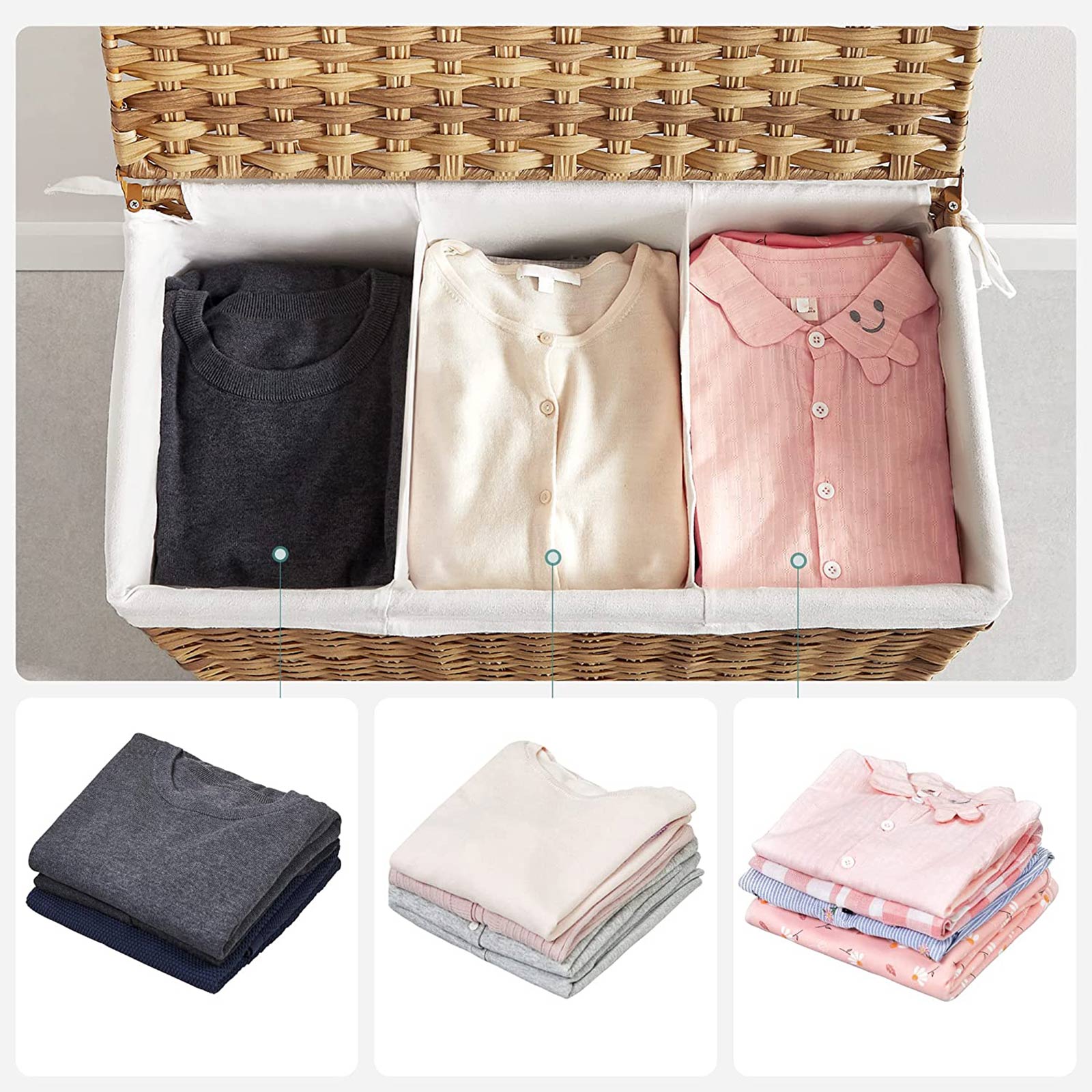 Laundry Hamper - Rattan-Style - Natural - 3 Compartments with Removable Liner