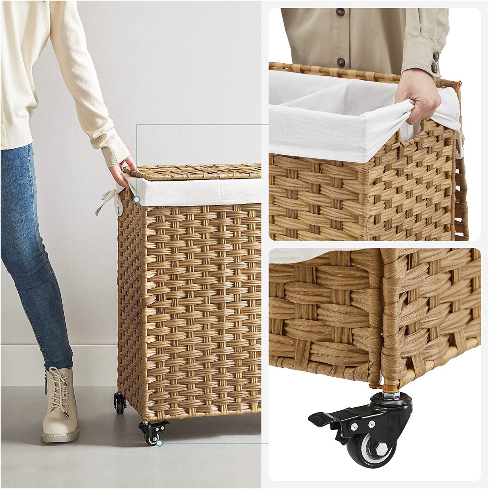 Laundry Hamper - Rattan-Style - Natural - 3 Compartments with Removable Liner
