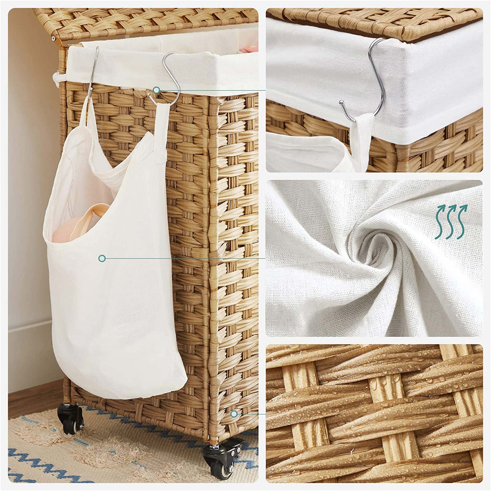 Laundry Hamper - Rattan-Style - Natural - 3 Compartments with Removable Liner