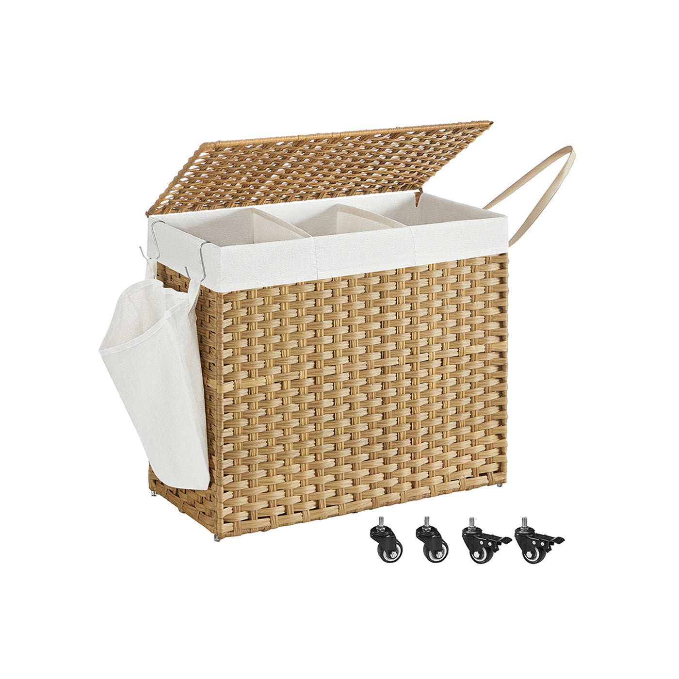 Rolling Laundry Hamper - Rattan-Style - Natural - 3-Compartment with Lid and Removable Liner