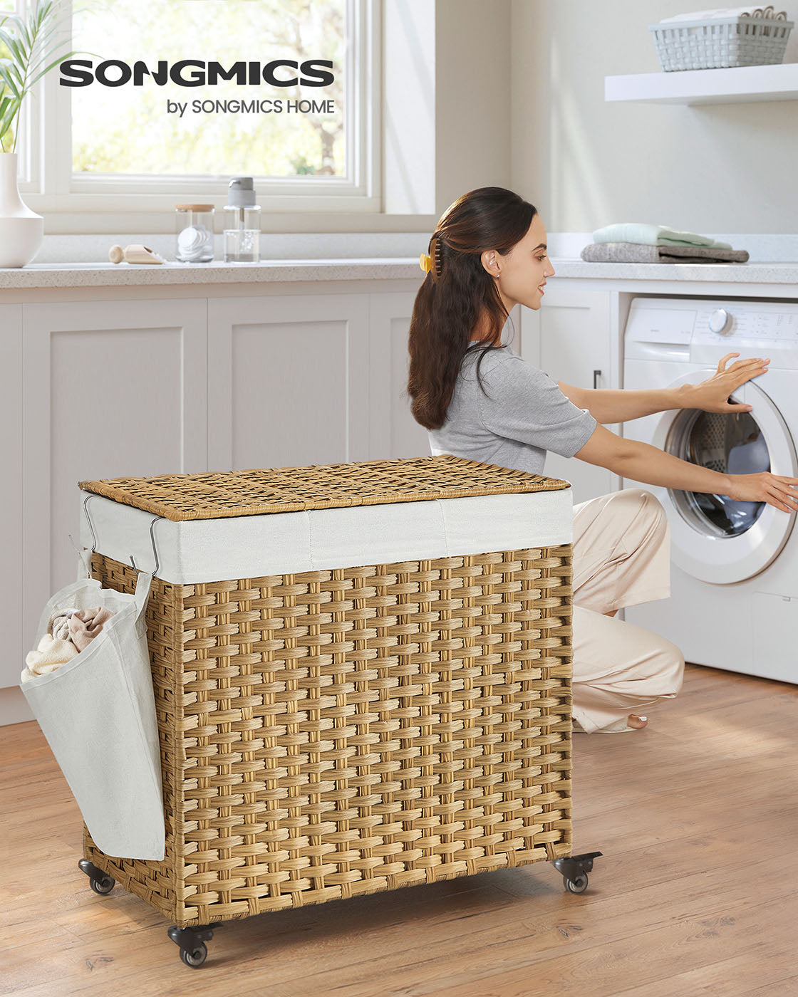 Rolling Laundry Hamper - Rattan-Style - Natural - 3-Compartment with Lid and Removable Liner