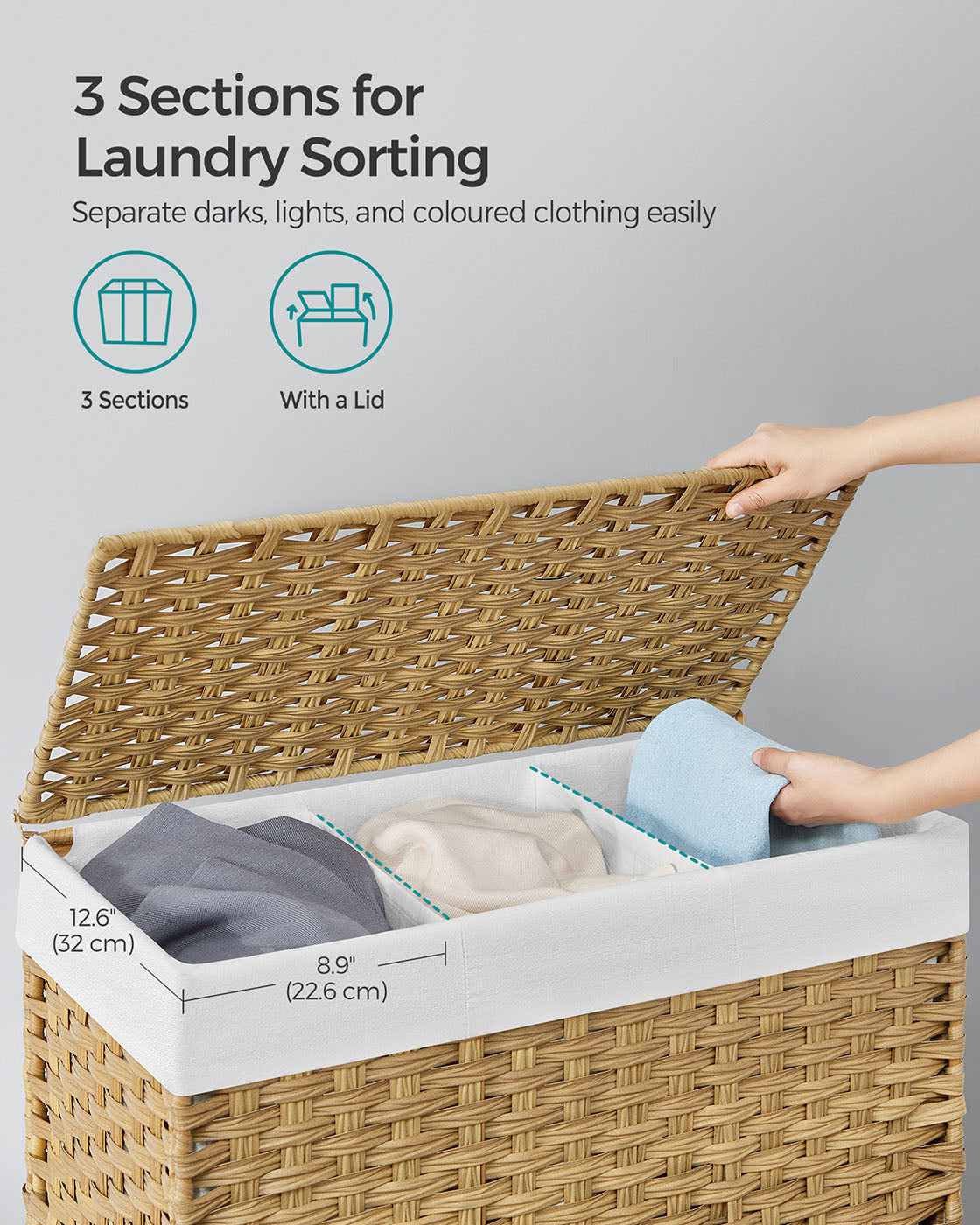 Rolling Laundry Hamper - Rattan-Style - Natural - 3-Compartment with Lid and Removable Liner