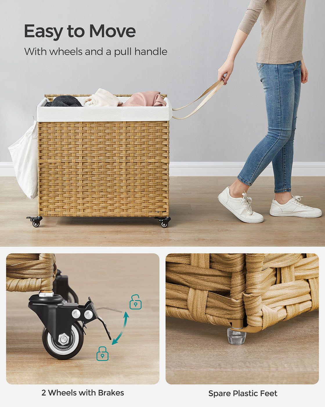 Rolling Laundry Hamper - Synthetic Rattan - Natural - 3 Compartments with Removable Liner and Wheels