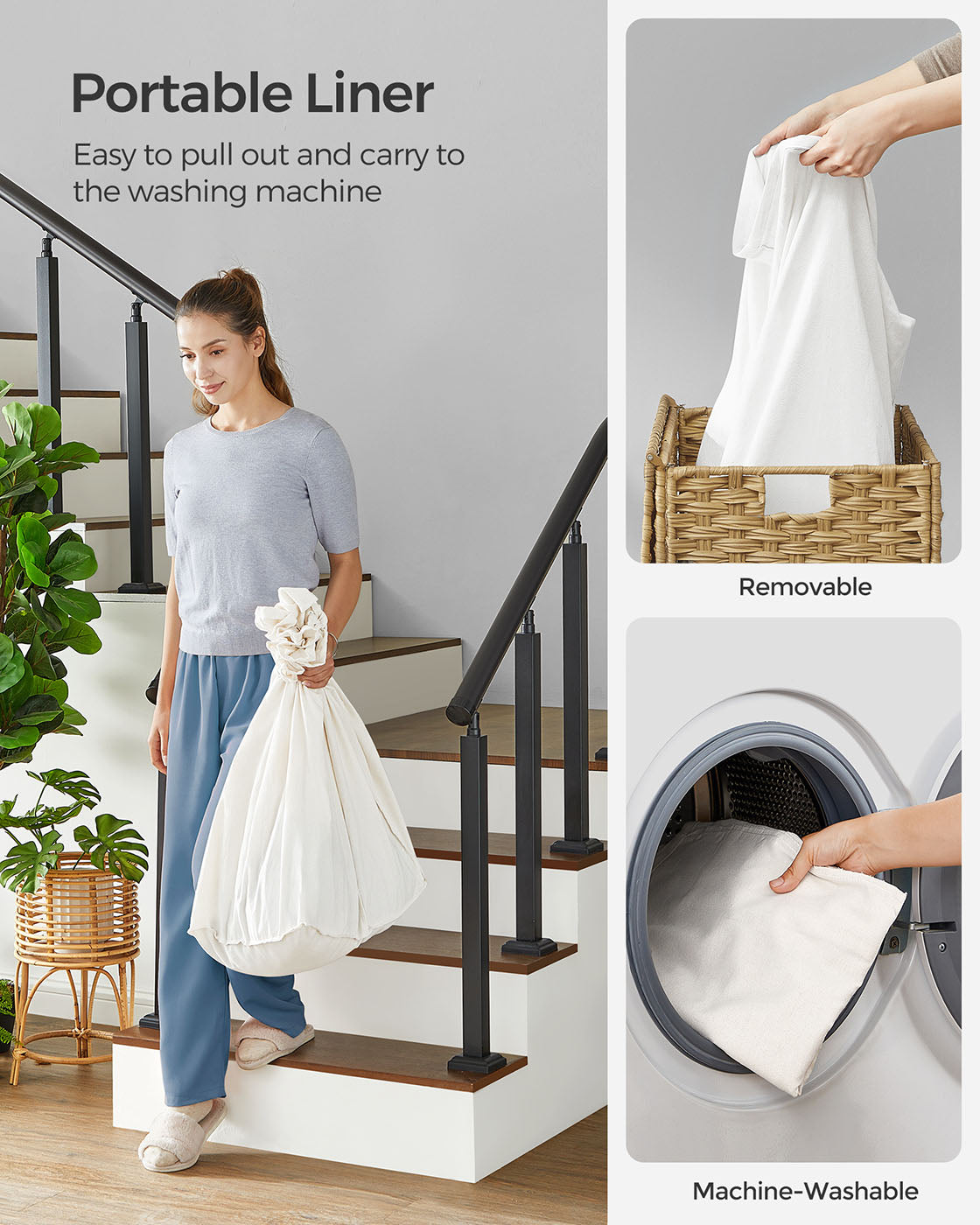 Rolling Laundry Hamper - Synthetic Rattan - Natural - 3 Compartments with Removable Liner and Wheels