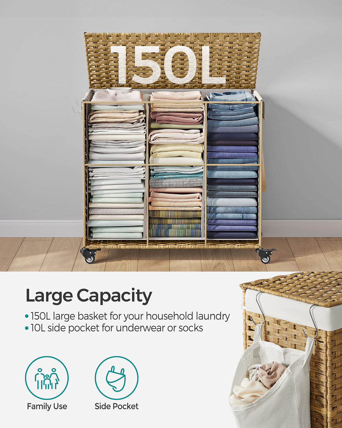 Rolling Laundry Hamper - Rattan-Style - Natural - 3-Compartment with Lid and Removable Liner
