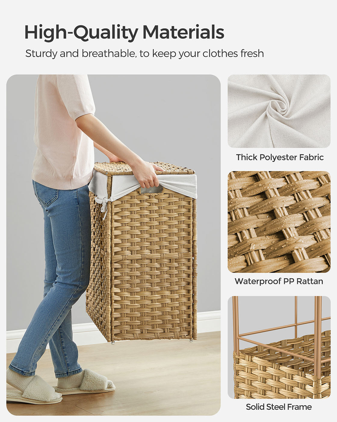 Rolling Laundry Hamper - Synthetic Rattan - Natural - 3 Compartments with Removable Liner and Wheels