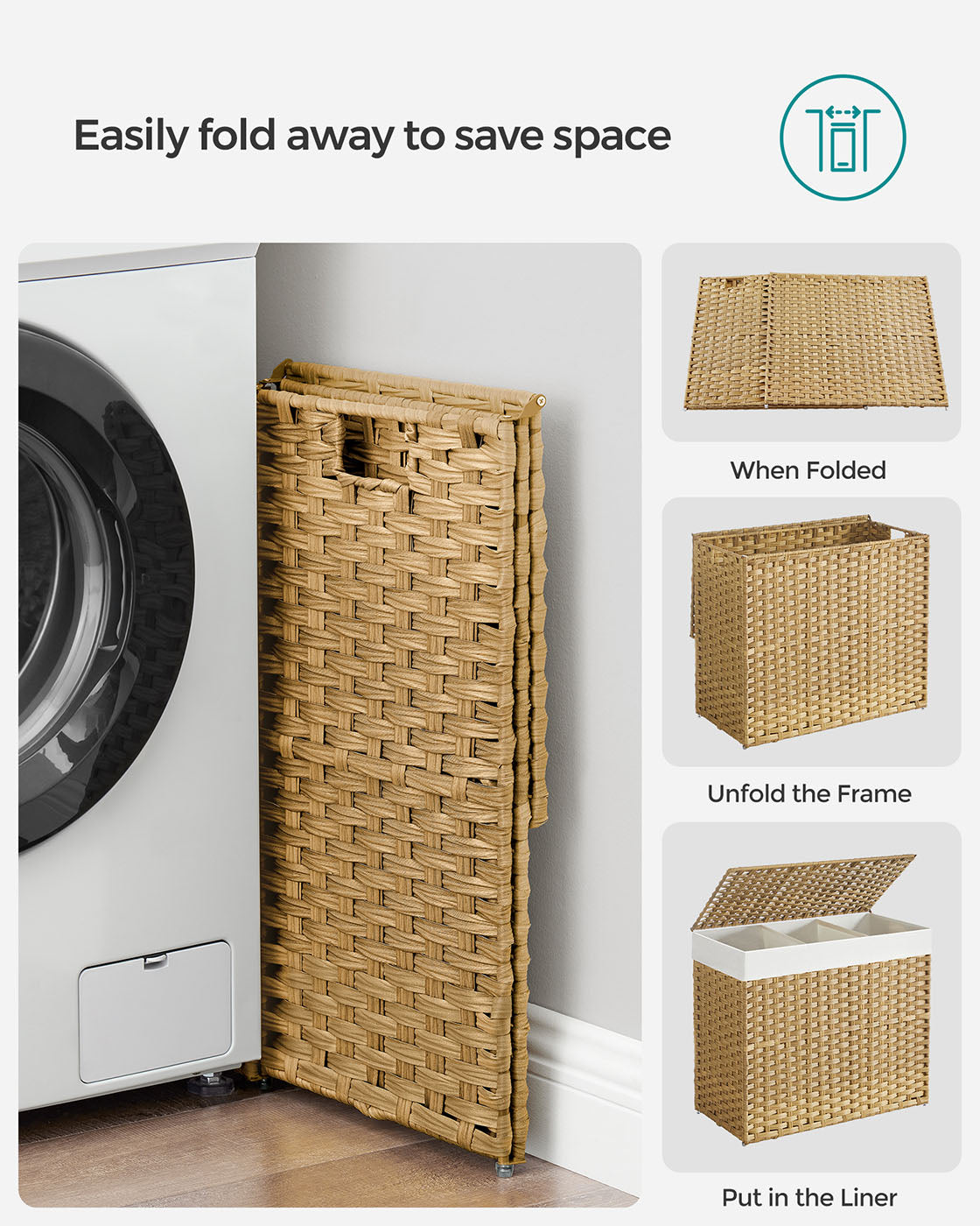 Rolling Laundry Hamper - Synthetic Rattan - Natural - 3 Compartments with Removable Liner and Wheels