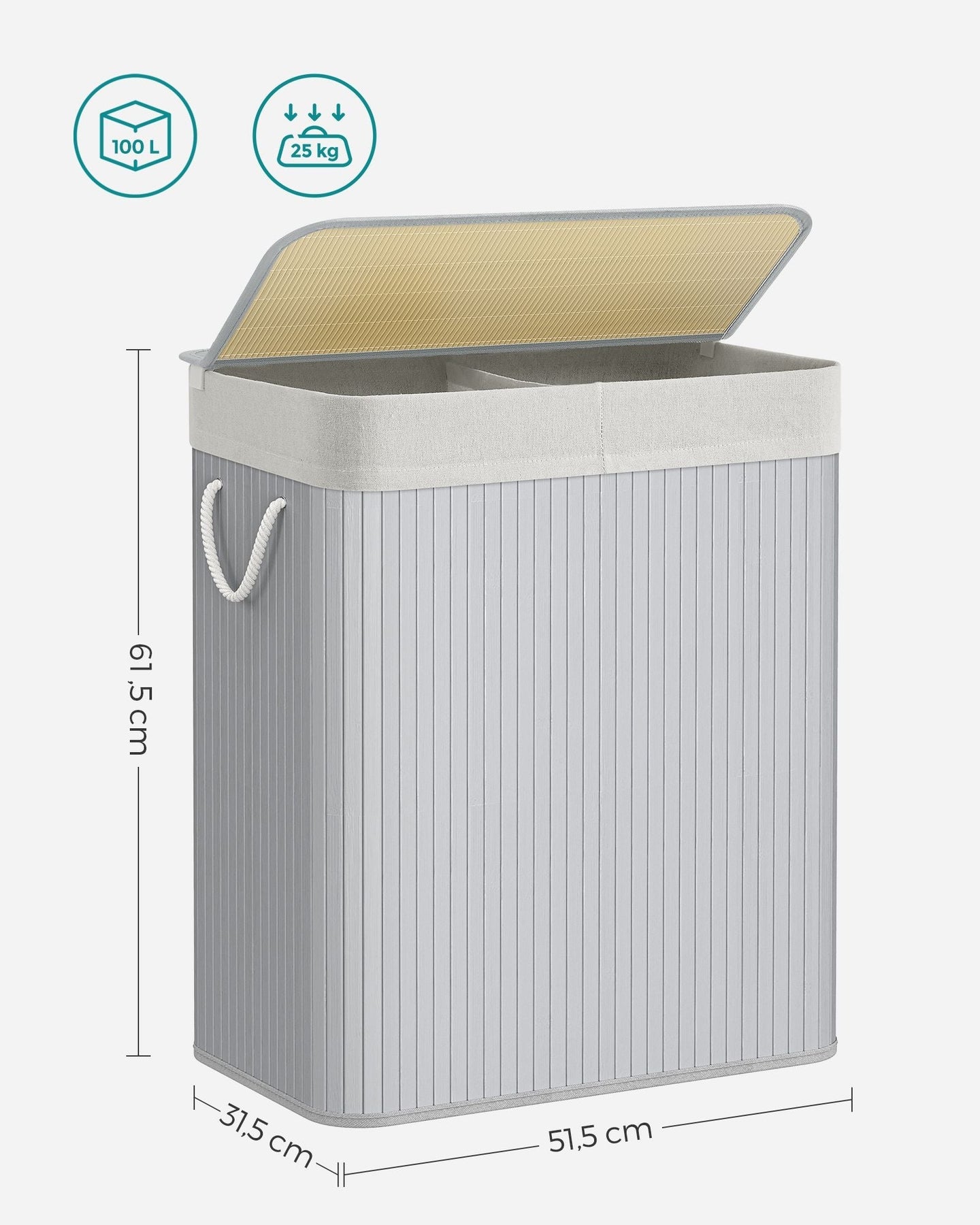 Divided Laundry Basket - Bamboo - Grey - 100L Capacity with Removable Liners and Lid
