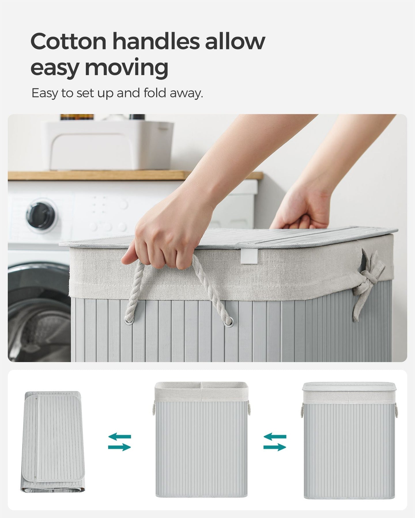 Divided Laundry Basket - Bamboo - Grey - 100L Capacity with Removable Liners and Lid