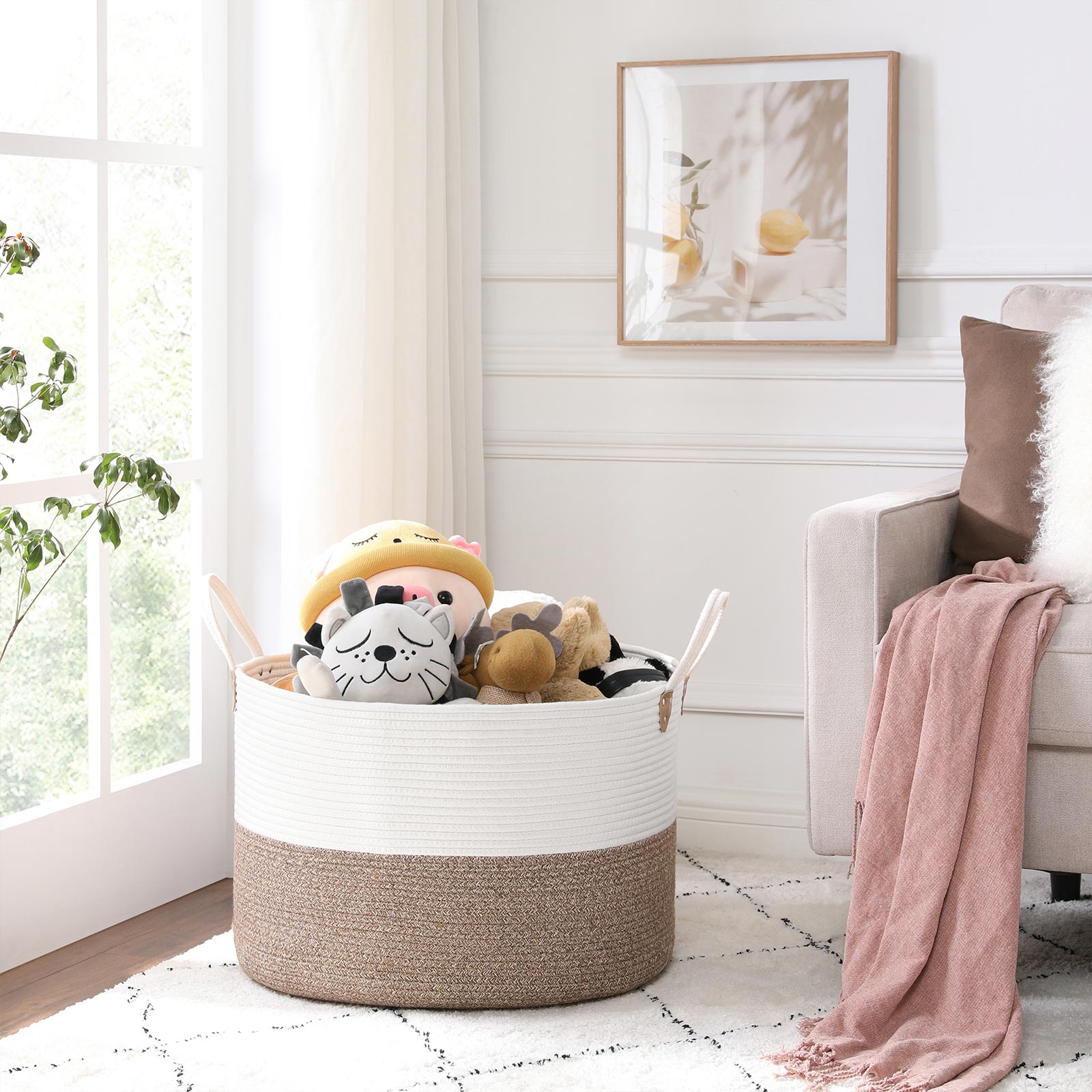 Laundry Basket - 100L with Handle - Cotton Rope - Brown & Beige