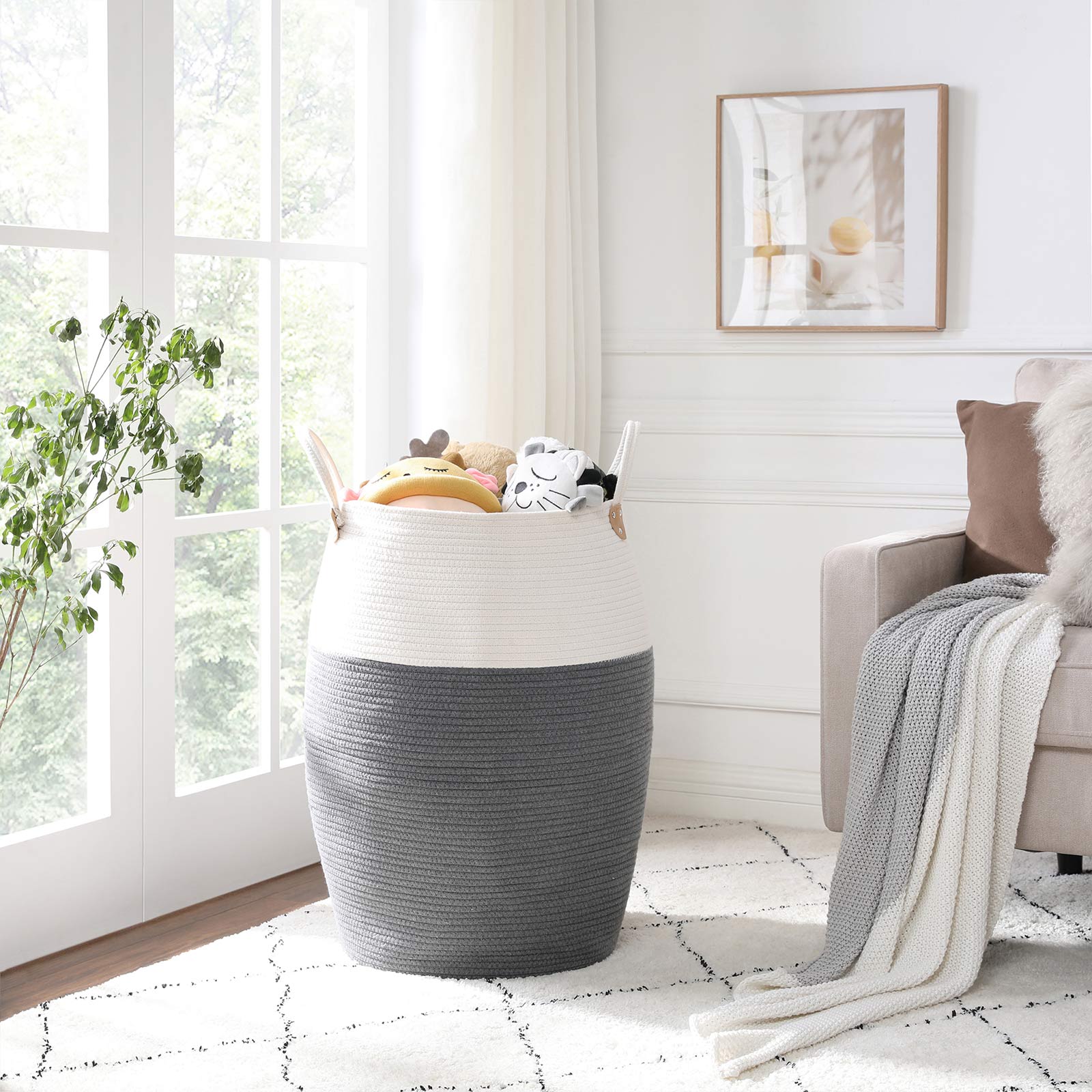 Laundry Basket - Cotton Rope - Grey-Beige - 125L Capacity with Handles