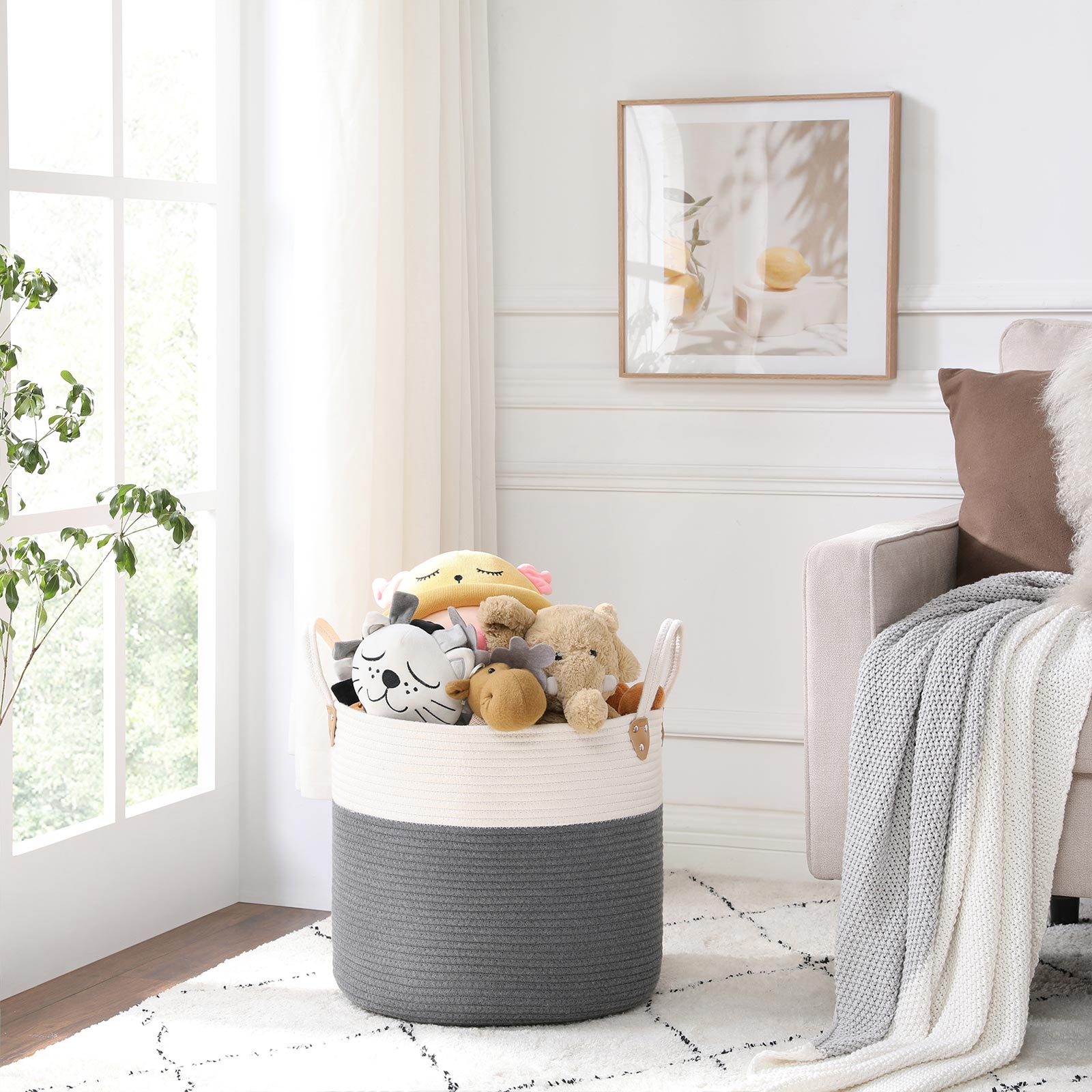 Laundry Basket - Cotton Rope - Grey - 50L Capacity with Handles