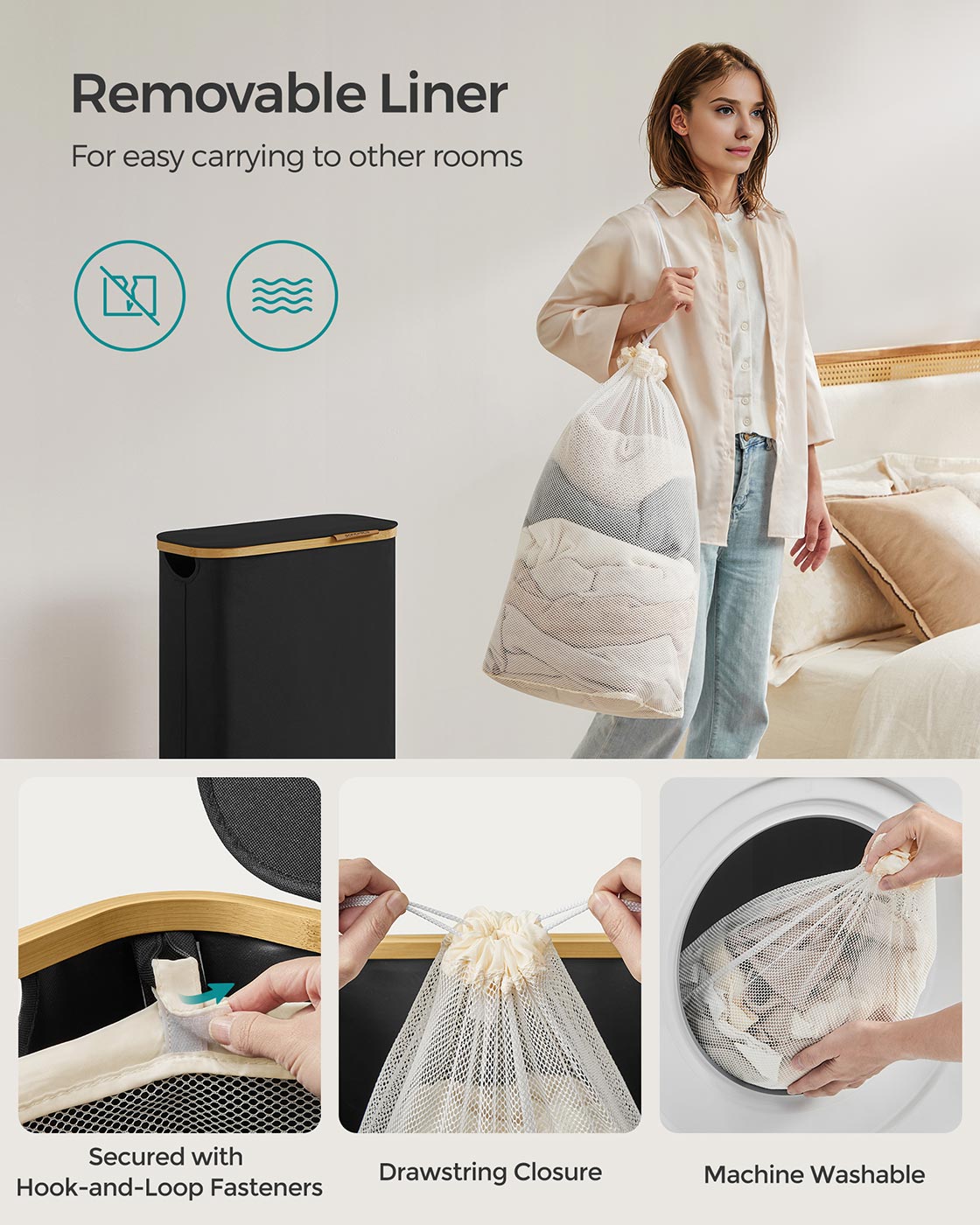 Laundry Basket - Oxford Fabric - Ink Black - Collapsible with Removable Mesh Liner