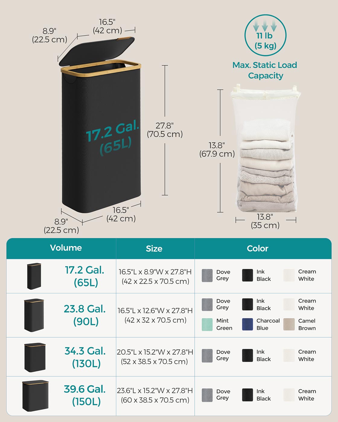 Laundry Basket - Oxford Fabric - Ink Black - Collapsible with Removable Mesh Liner