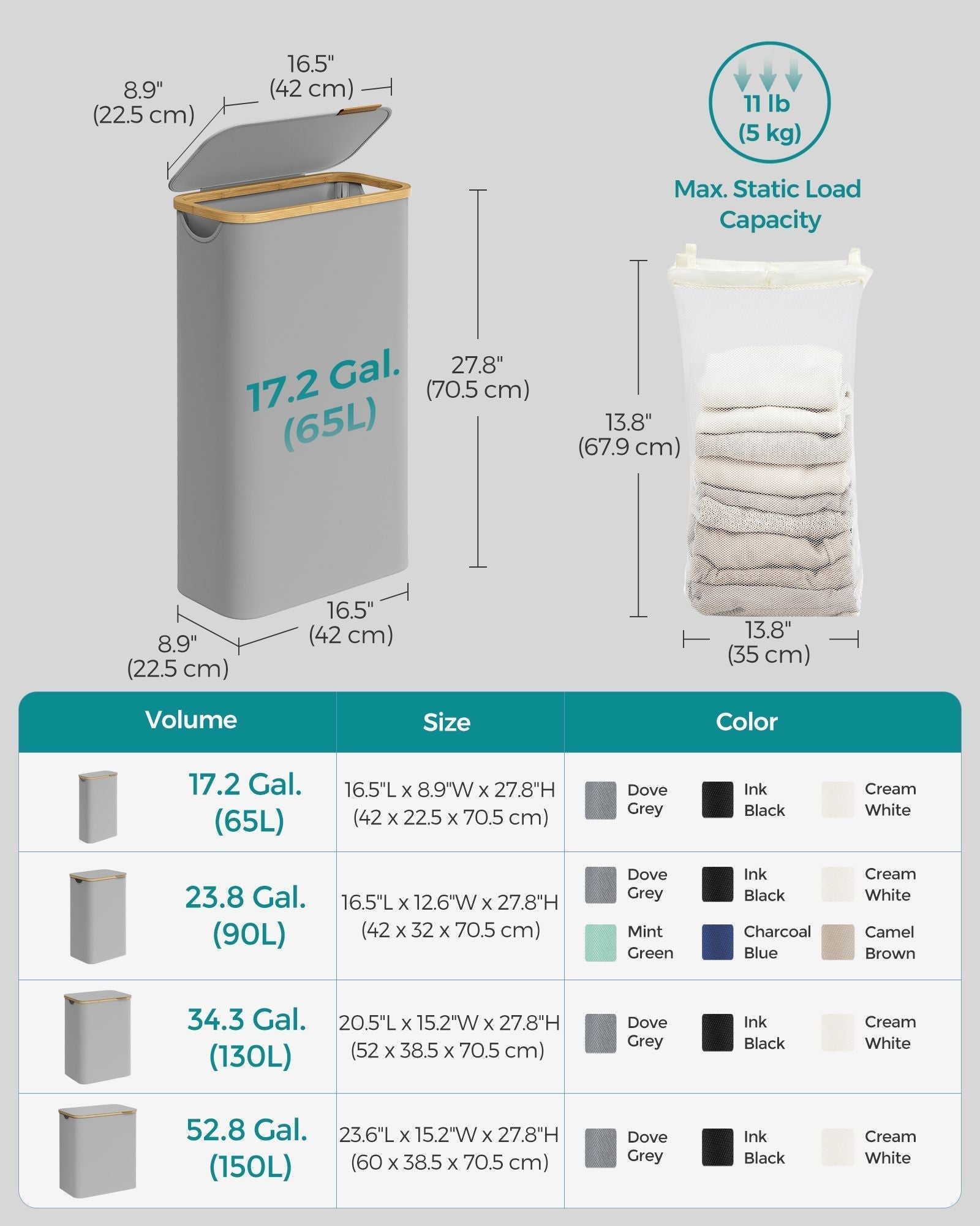 Laundry Basket - Oxford Fabric - Dove Grey - Slim
