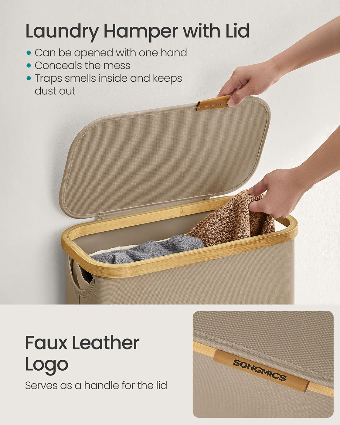 Laundry Basket - Oxford Fabric - Camel Brown - Space-Saving with Lid and Removable Mesh Liner