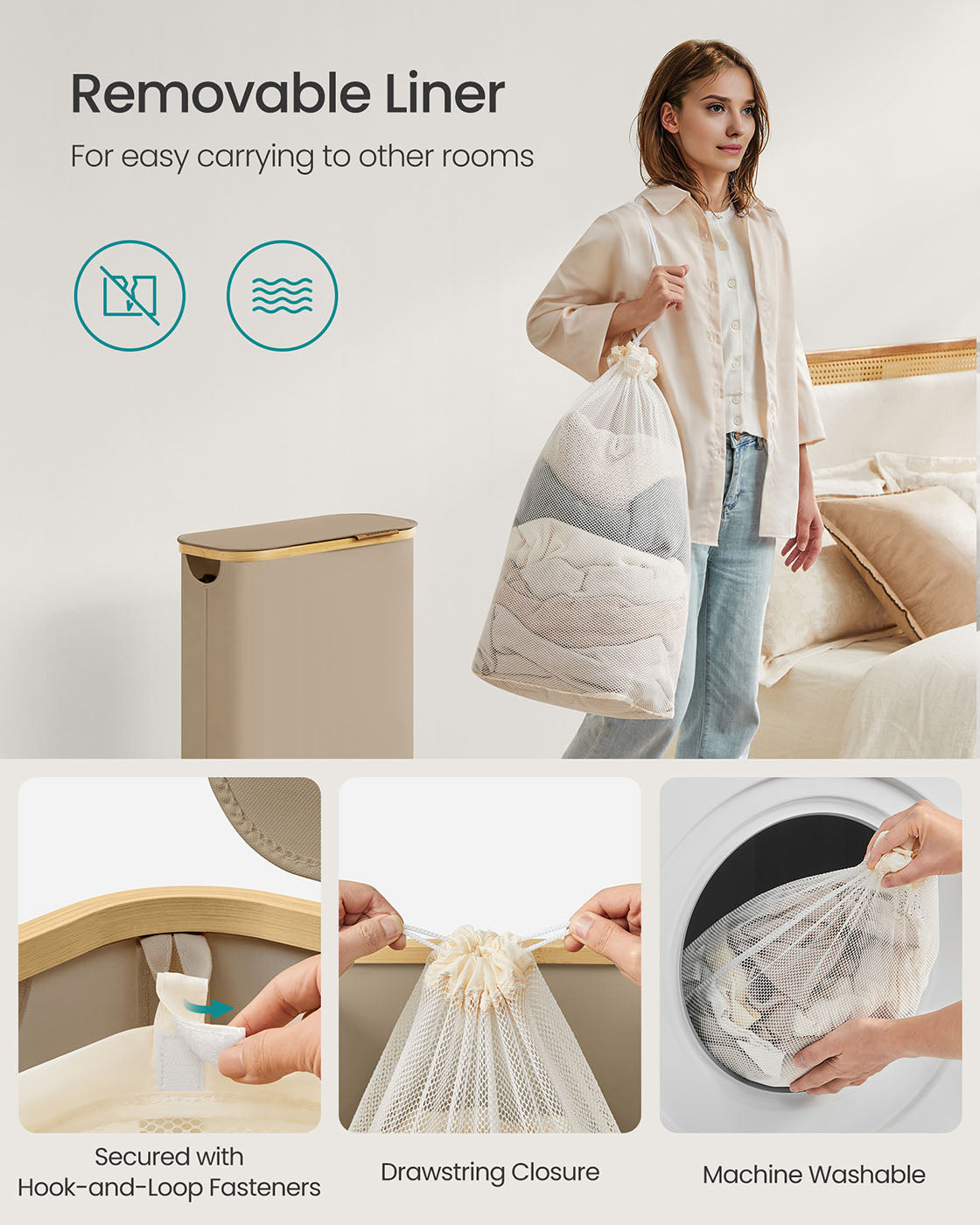 Laundry Basket - Oxford Fabric - Camel Brown - Space-Saving with Lid and Removable Mesh Liner