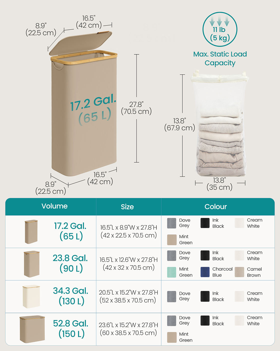 Laundry Basket - Oxford Fabric - Camel Brown - Space-Saving with Lid and Removable Mesh Liner