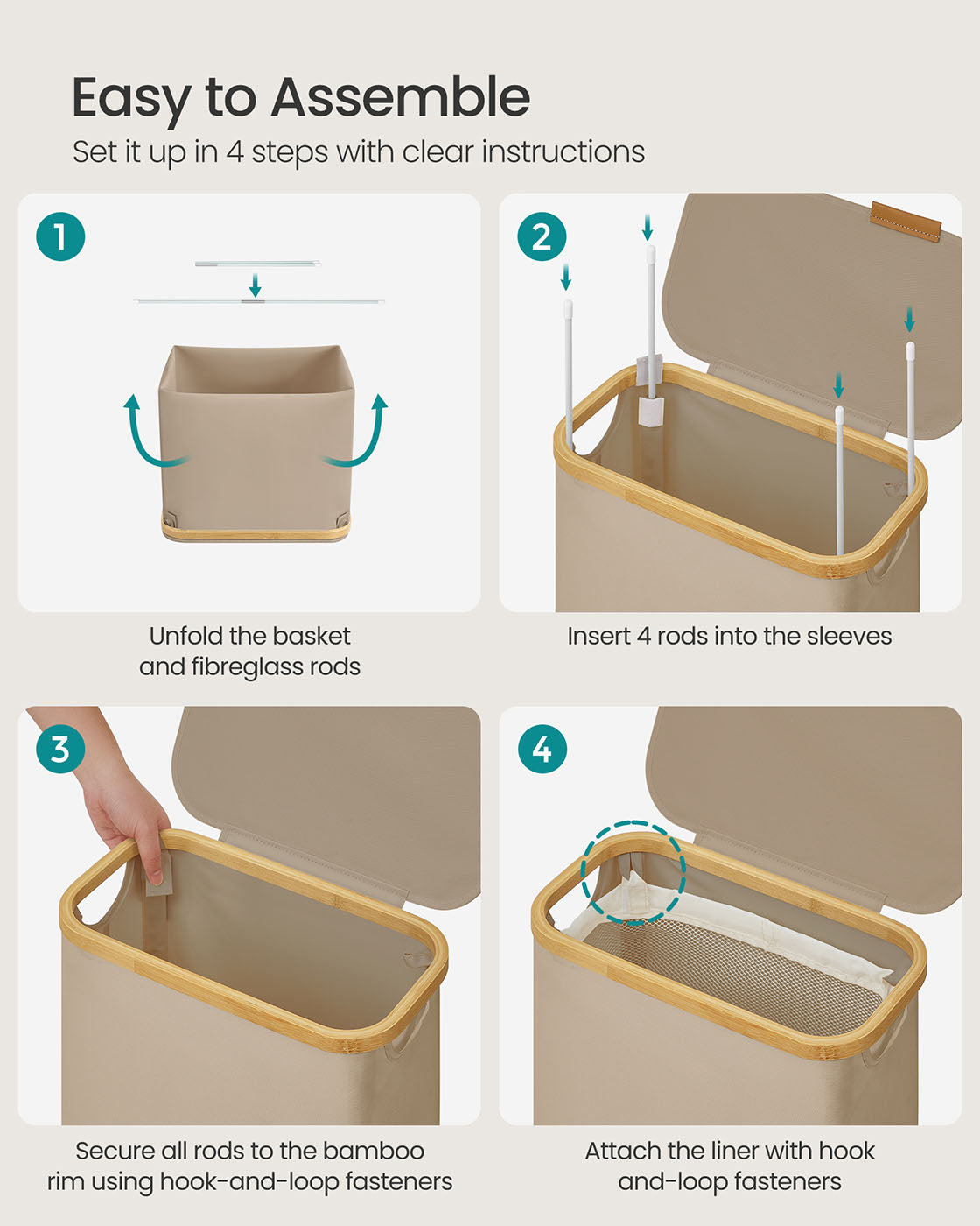 Laundry Basket - Oxford Fabric - Camel Brown - Space-Saving with Lid and Removable Mesh Liner