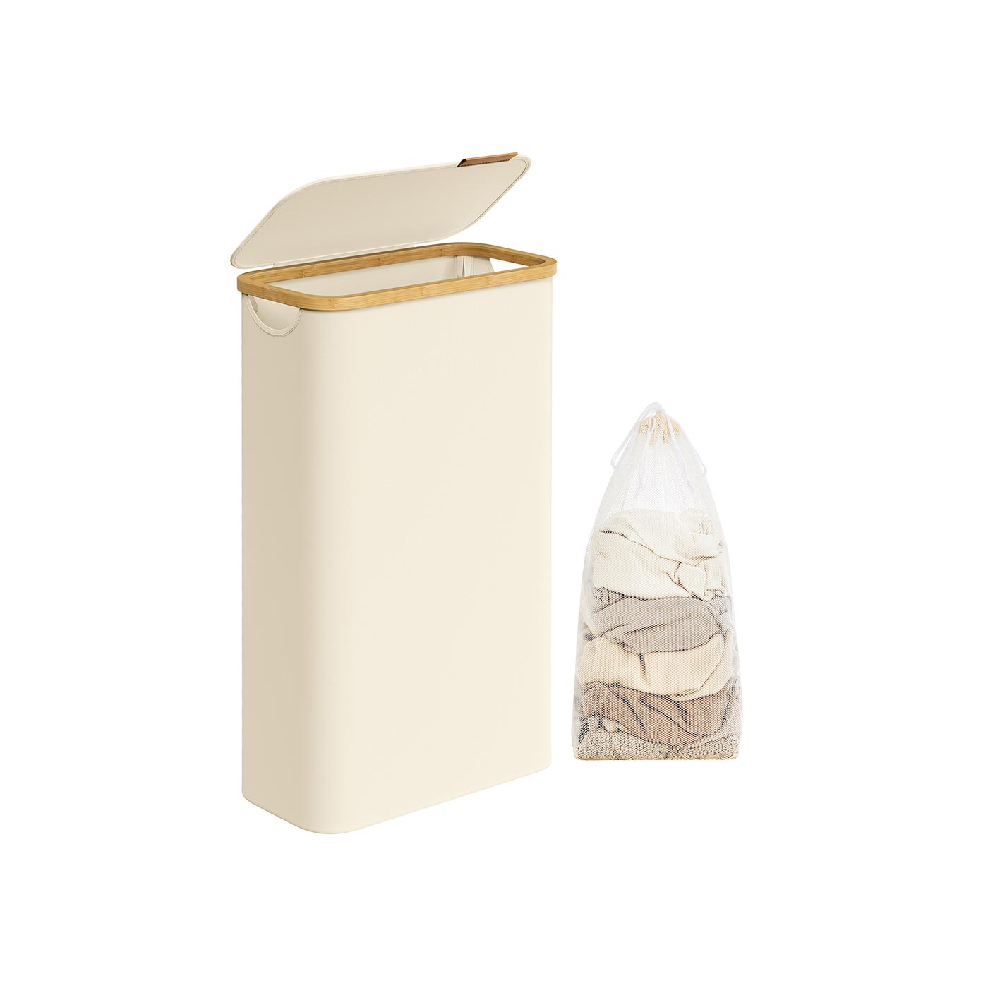 Laundry Basket - Oxford Fabric - Cream White - Slim Design with Lid and Removable Mesh Liner
