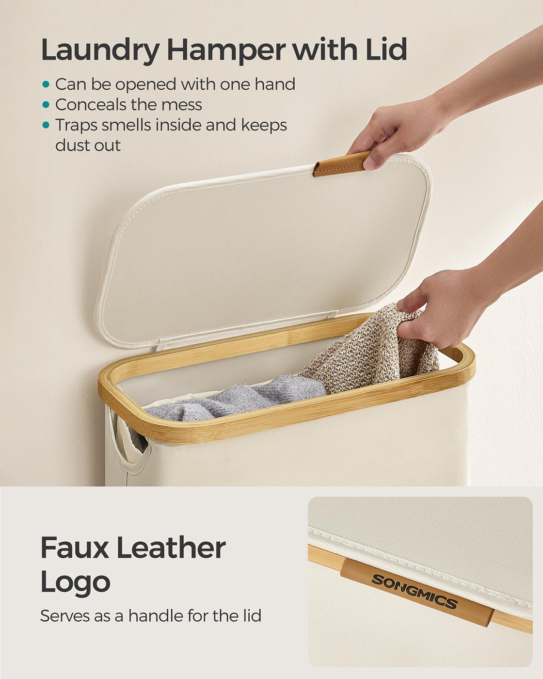 Laundry Basket - Oxford Fabric - Cream White - Slim Design with Lid and Removable Mesh Liner